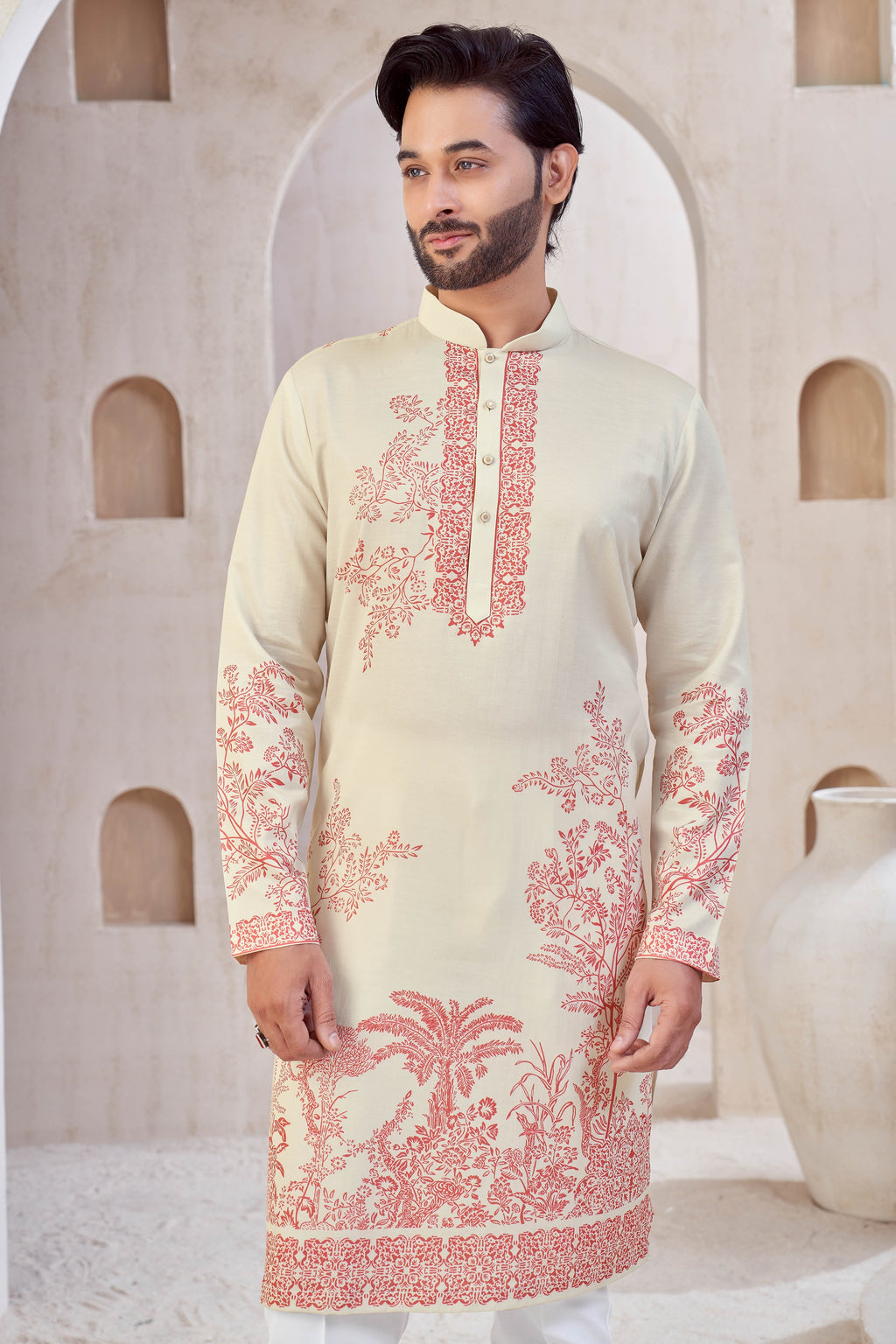 Cream Cherry Red Stylish Festive Kurta