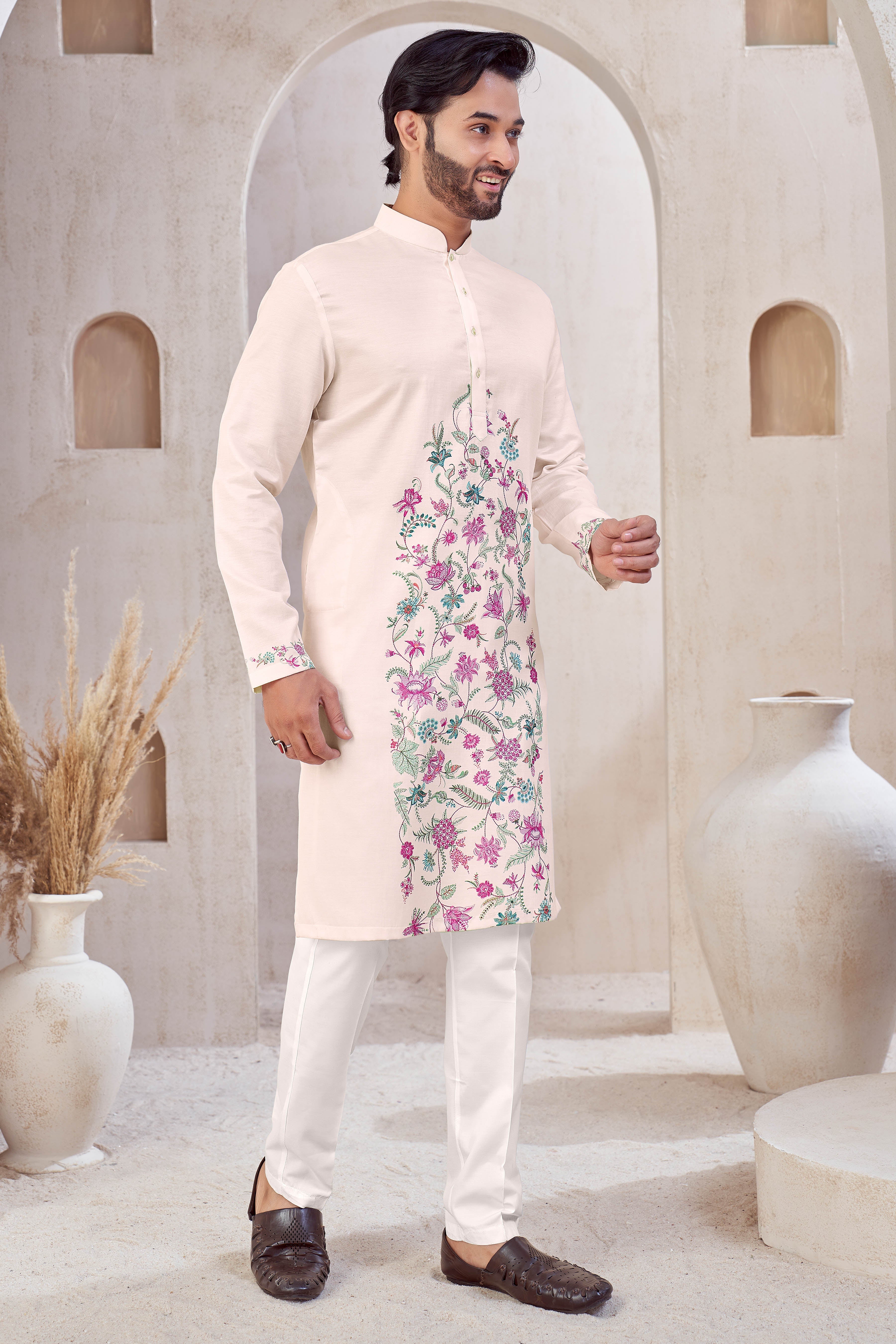 Ivory Floral Crest Kurta