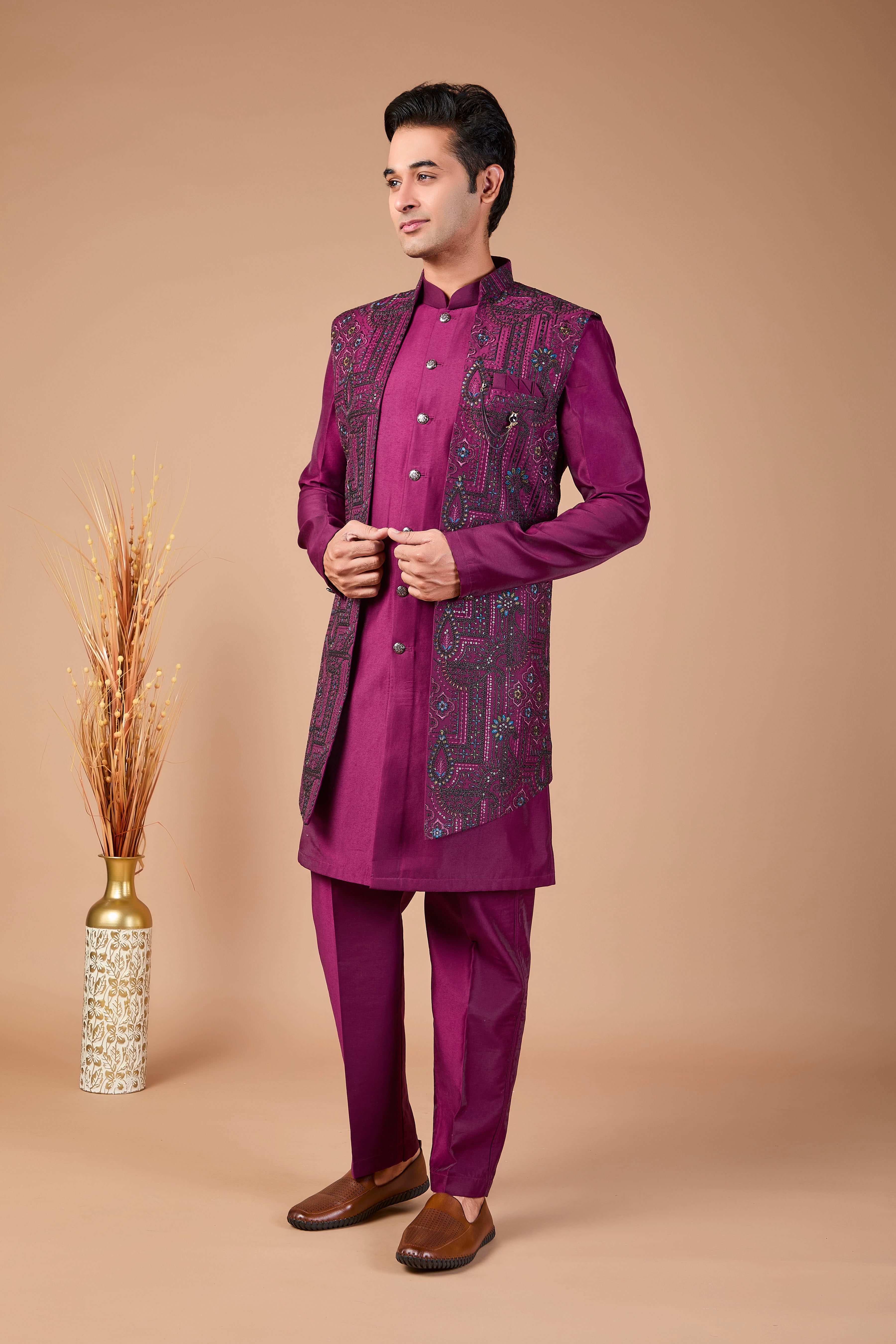 Special Reception occasion in Elegant Silk Wine Purple Men Indo-western