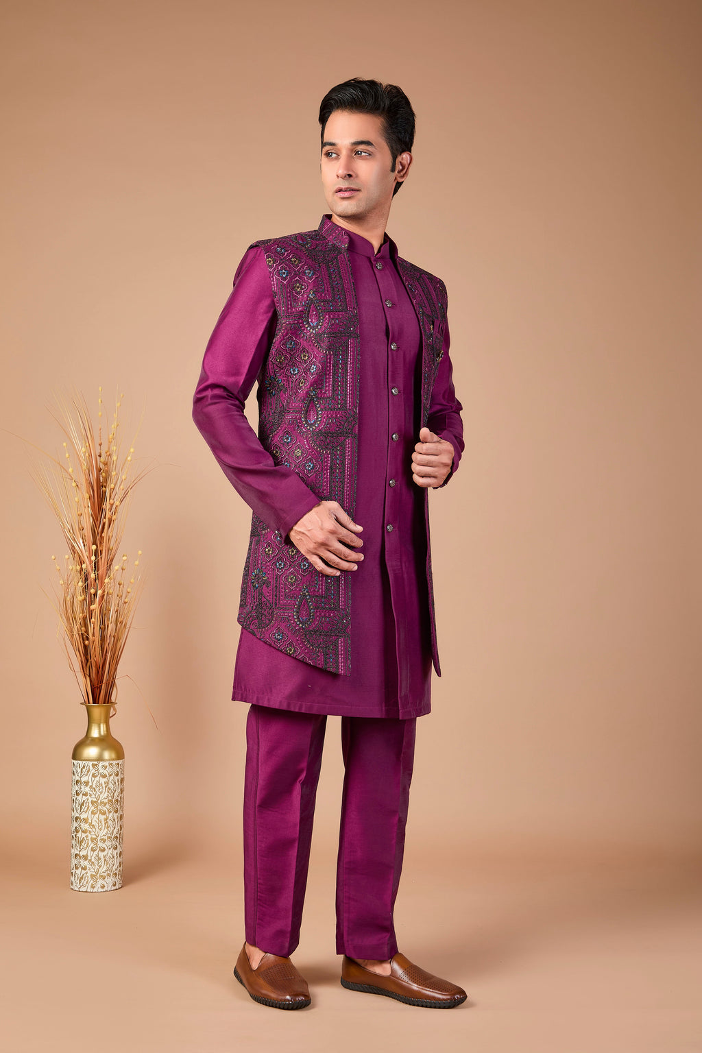 Special Reception occasion in Elegant Silk Wine Purple Men Indo-western