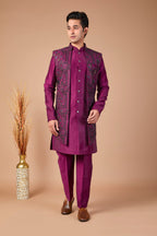 Special Reception occasion in Elegant Silk Wine Purple Men Indo-western