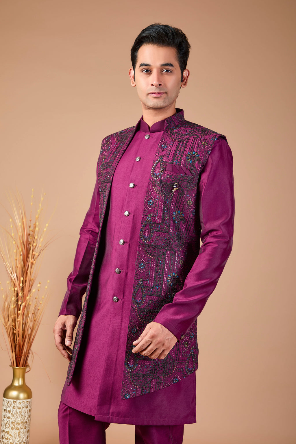 Special Reception occasion in Elegant Silk Wine Purple Men Indo-western