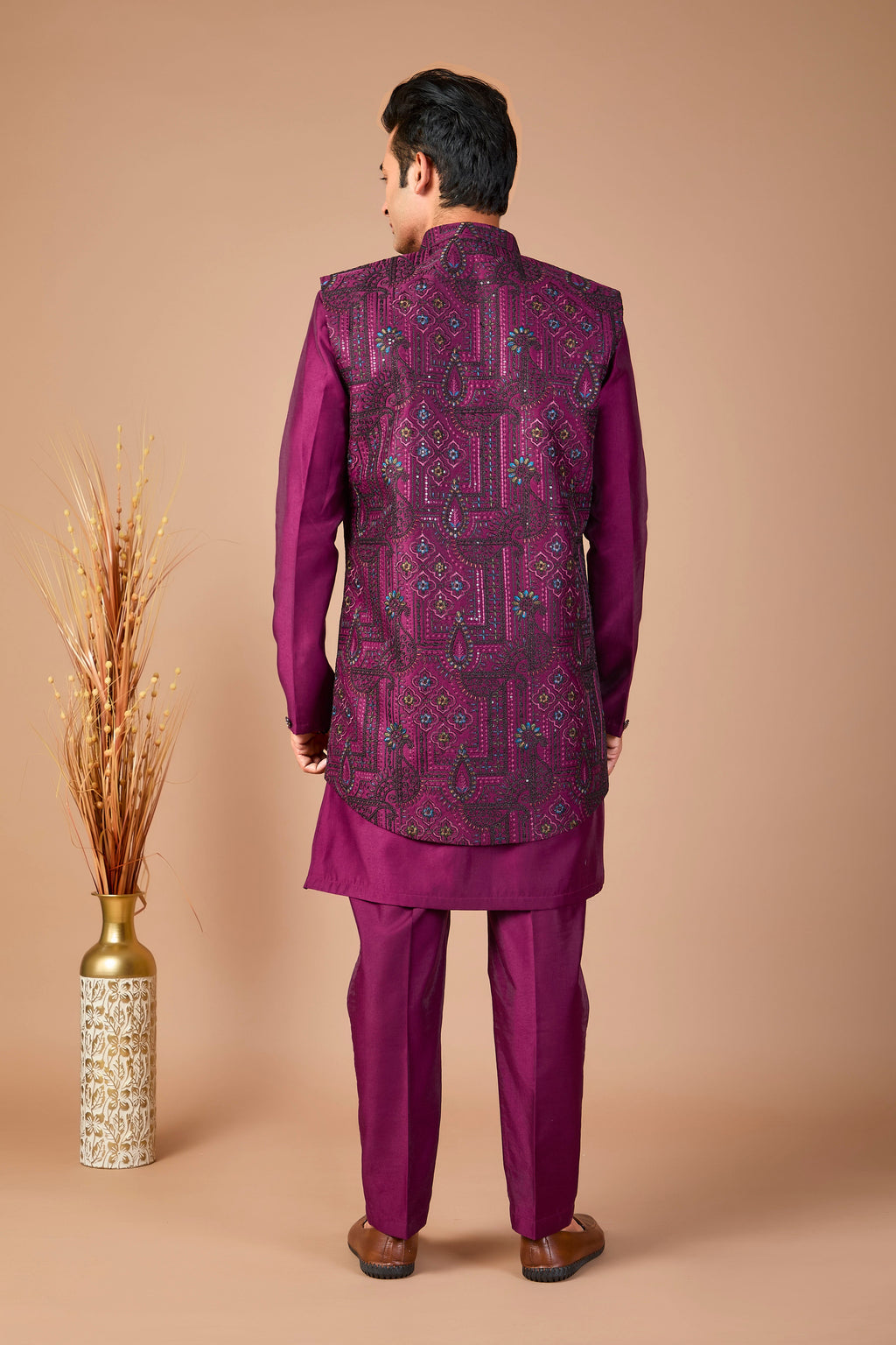 Special Reception occasion in Elegant Silk Wine Purple Men Indo-western