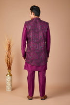 Special Reception occasion in Elegant Silk Wine Purple Men Indo-western