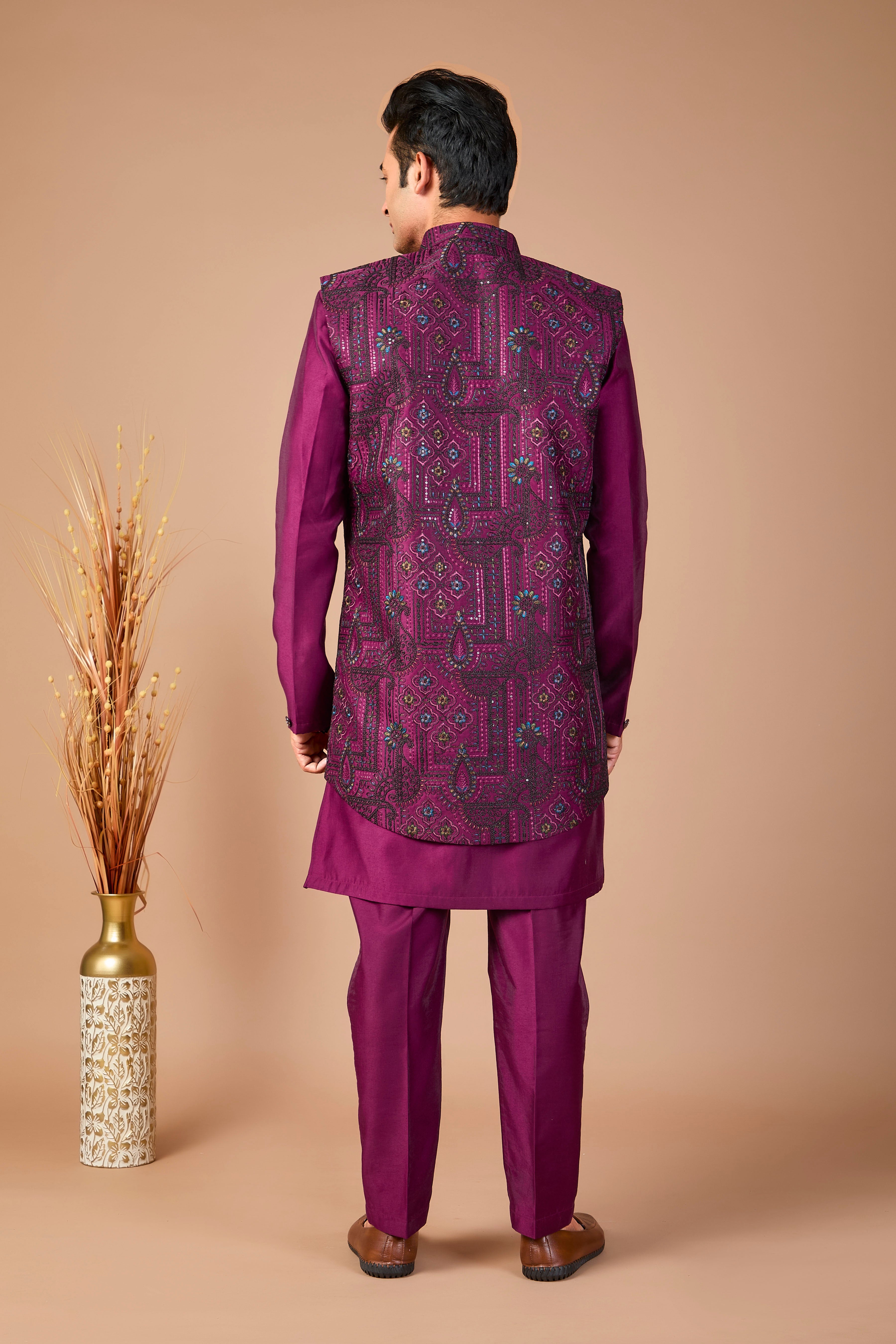 Special Reception occasion in Elegant Silk Wine Purple Men Indo-western