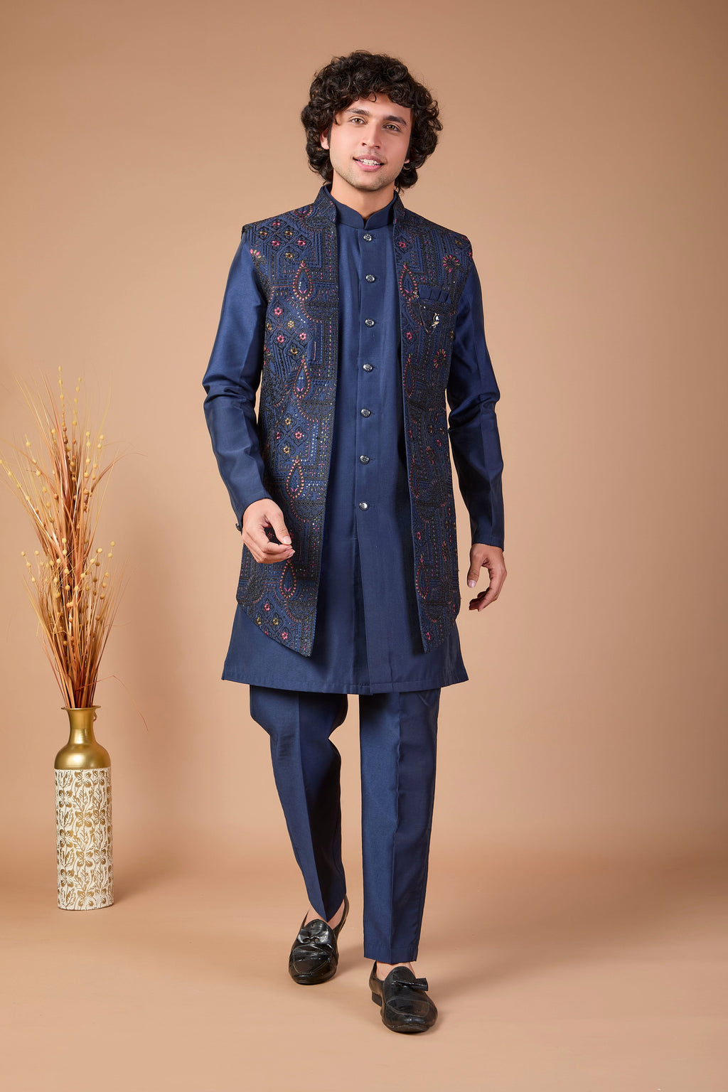 Festive Occasions Navy Men’s Indo-western in Classic Raw Silk