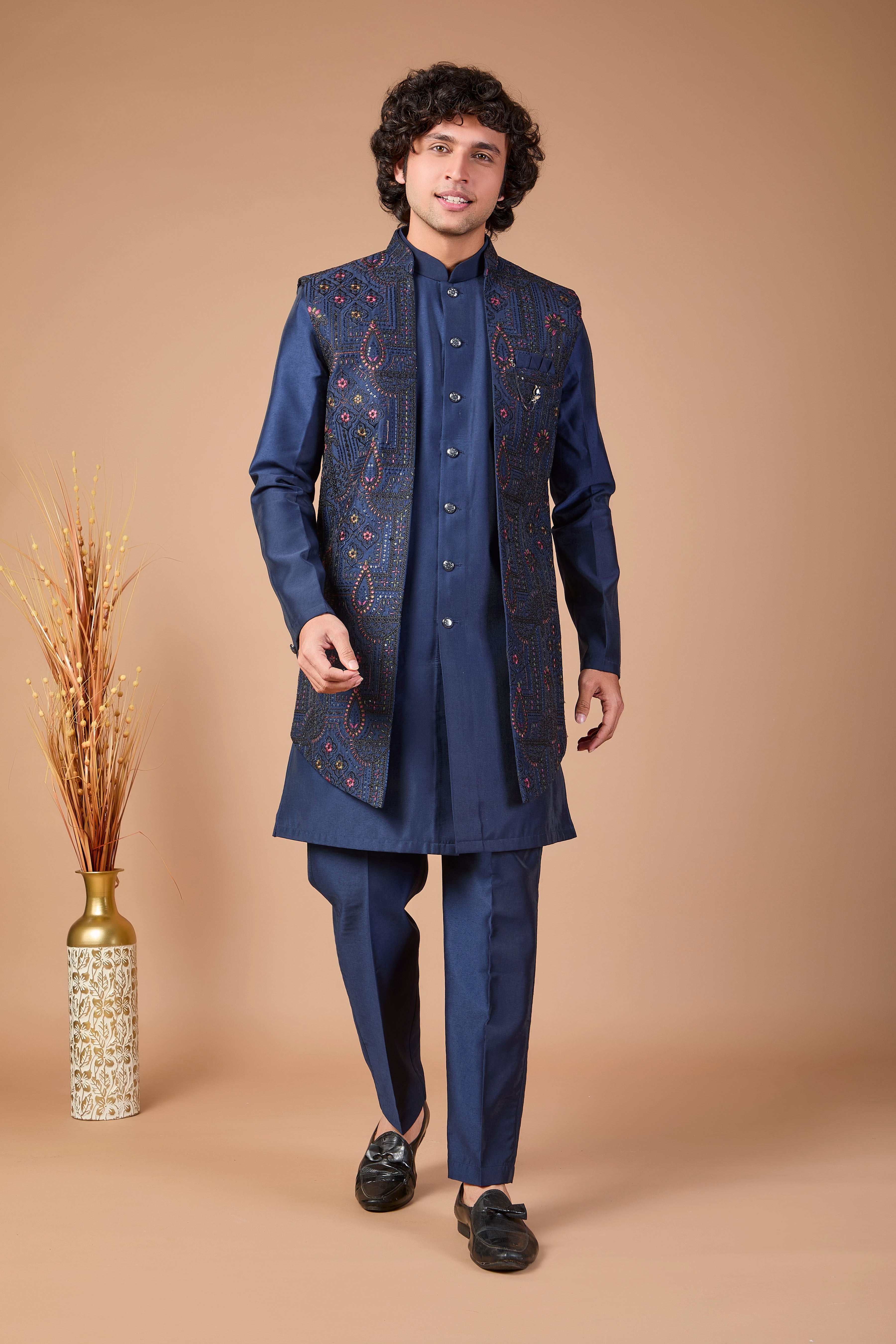 Festive Occasions Navy Men’s Indo-western in Classic Raw Silk