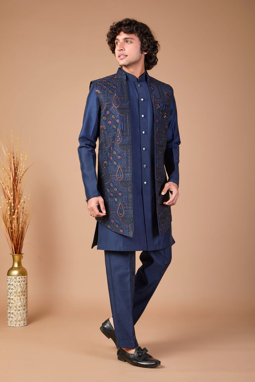 Festive Occasions Navy Men’s Indo-western in Classic Raw Silk
