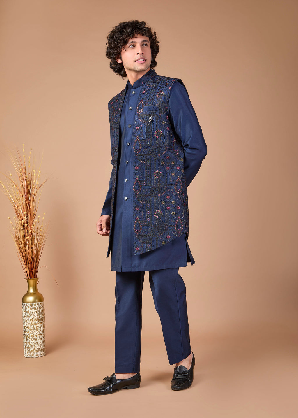 Festive Occasions Navy Men’s Indo-western in Classic Raw Silk
