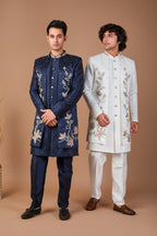 Modern Navy Raw Silk Men’s Indo-western for Reception and Engagement