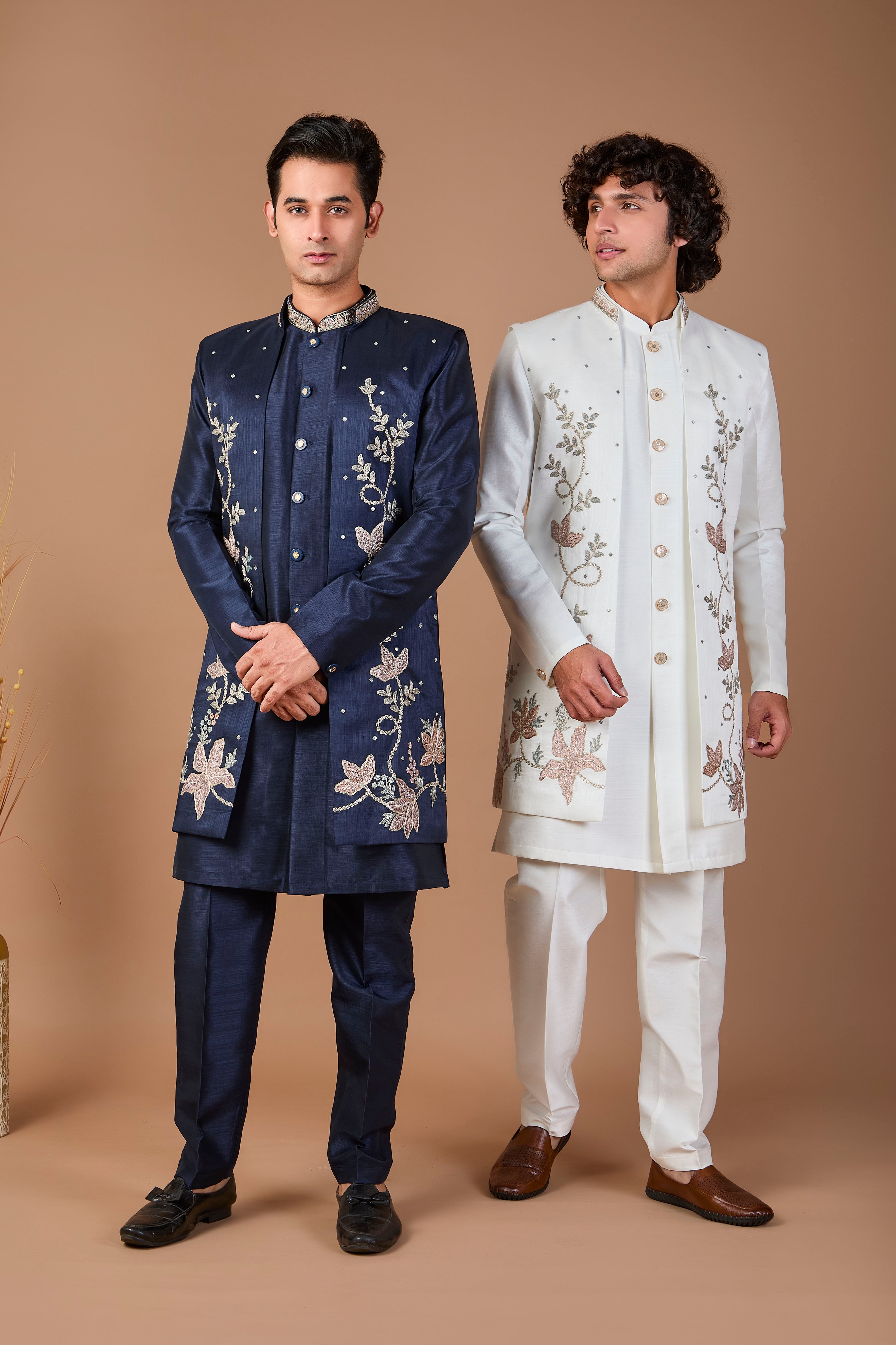 Modern Navy Raw Silk Men’s Indo-western for Reception and Engagement