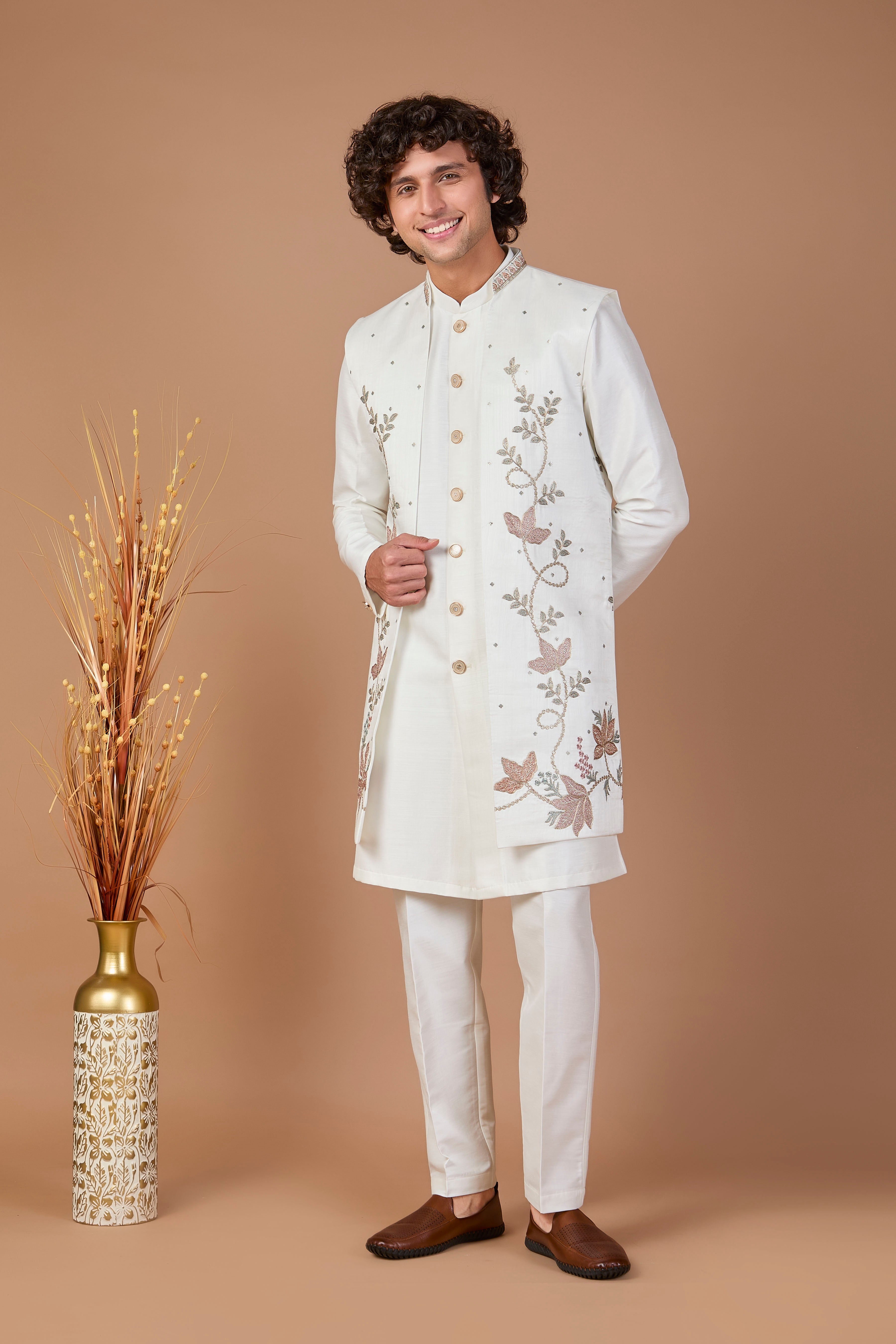 Men's Rich Off-white Indo-western Crafted in Premium Raw Silk