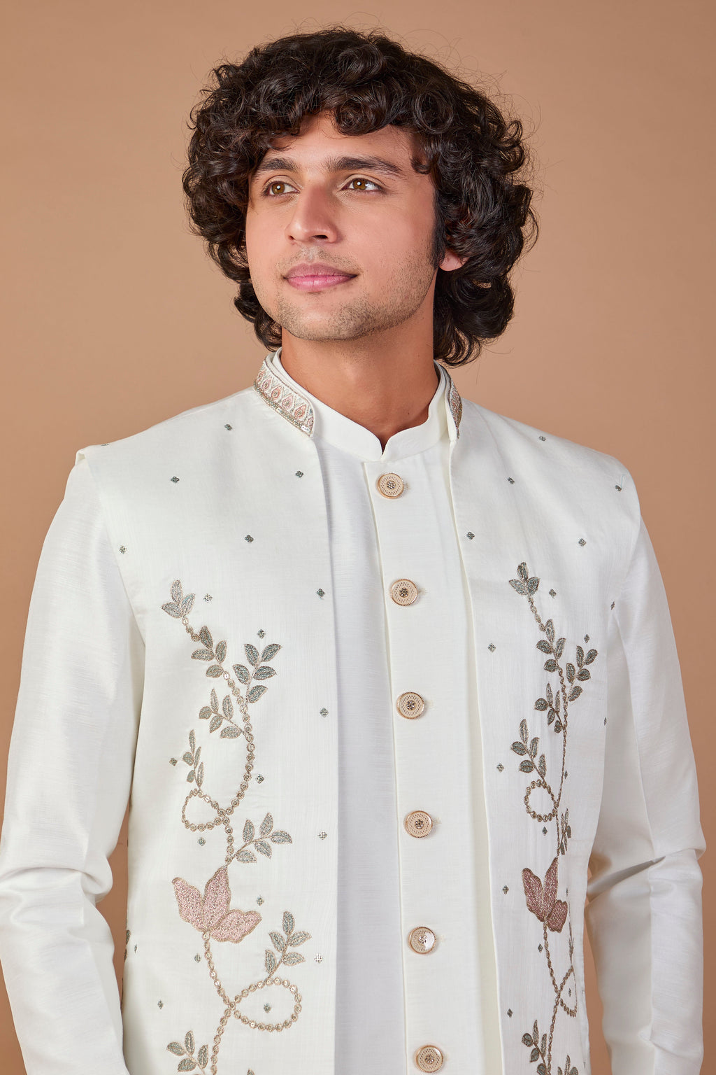 Men's Rich Off-white Indo-western Crafted in Premium Raw Silk