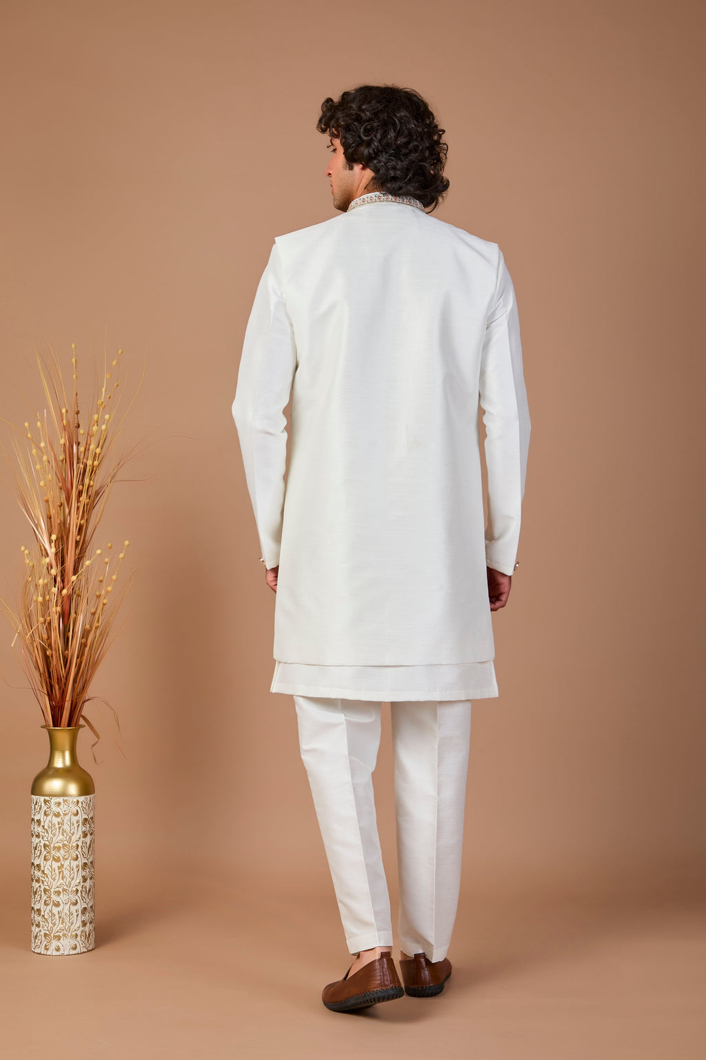 Men's Rich Off-white Indo-western Crafted in Premium Raw Silk