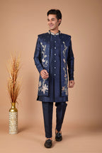 Modern Navy Raw Silk Men’s Indo-western for Reception and Engagement