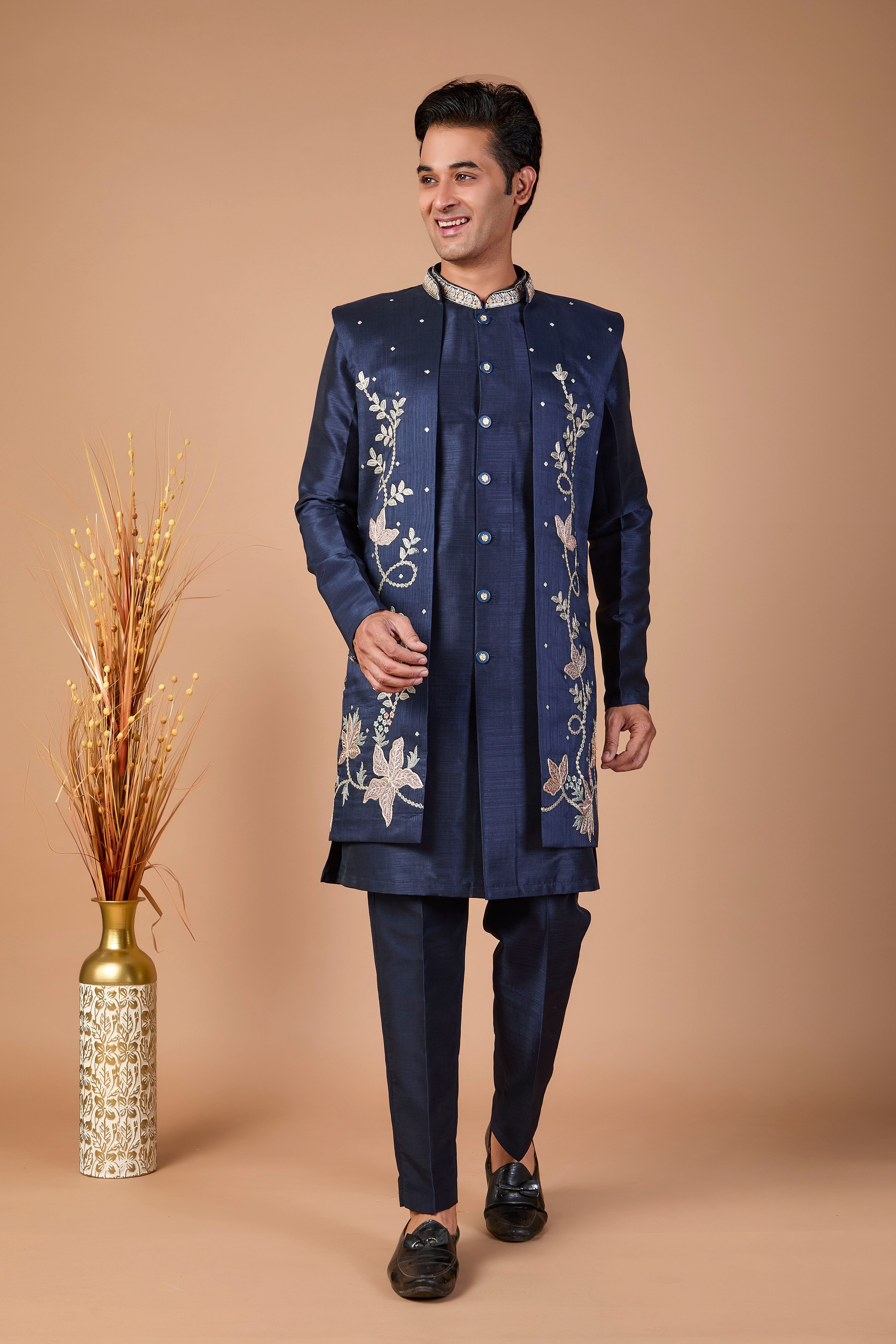 Modern Navy Raw Silk Men’s Indo-western for Reception and Engagement