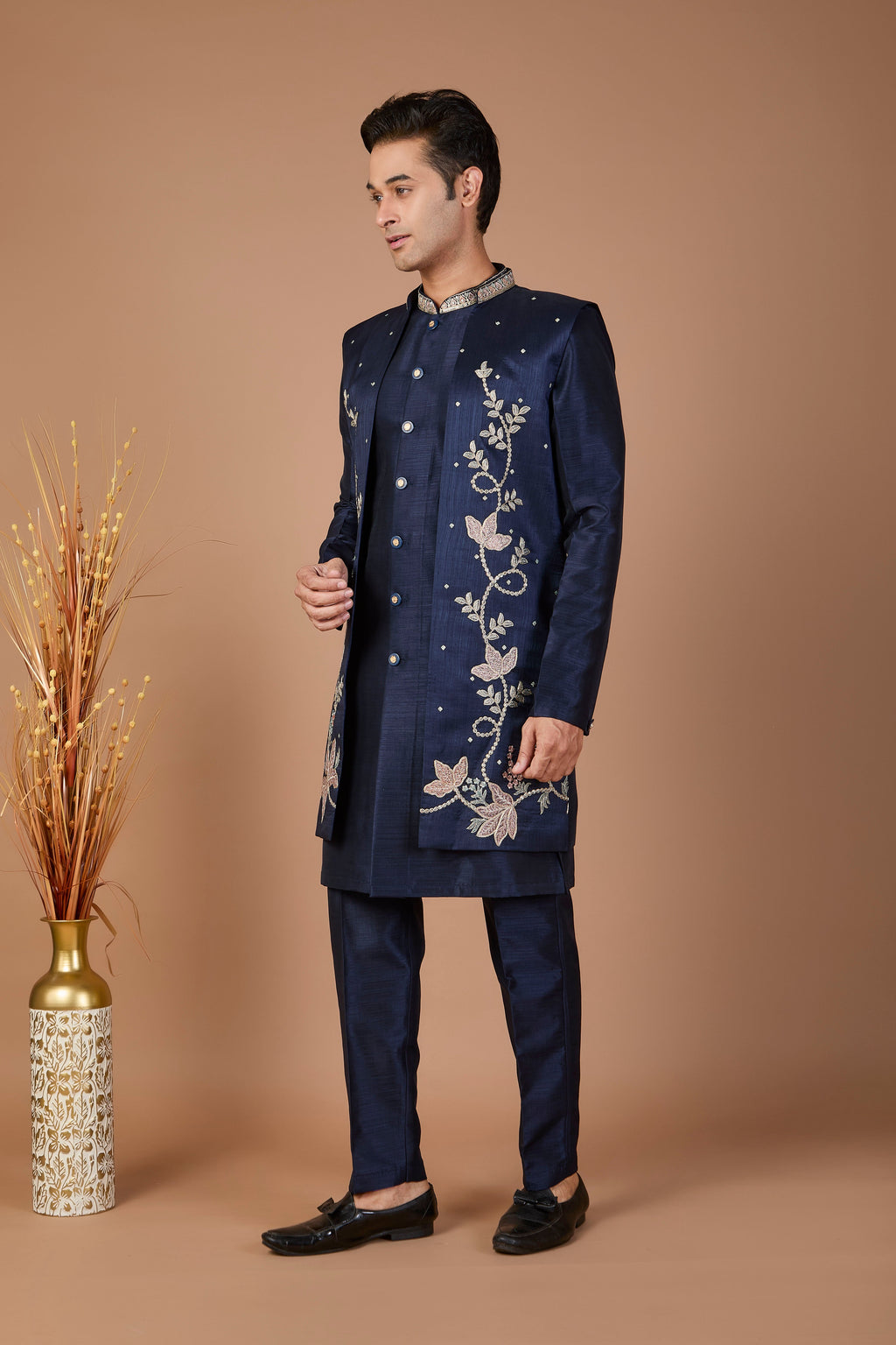 Modern Navy Raw Silk Men’s Indo-western for Reception and Engagement