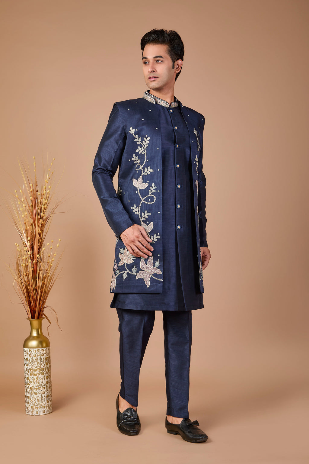 Modern Navy Raw Silk Men’s Indo-western for Reception and Engagement