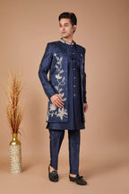 Modern Navy Raw Silk Men’s Indo-western for Reception and Engagement