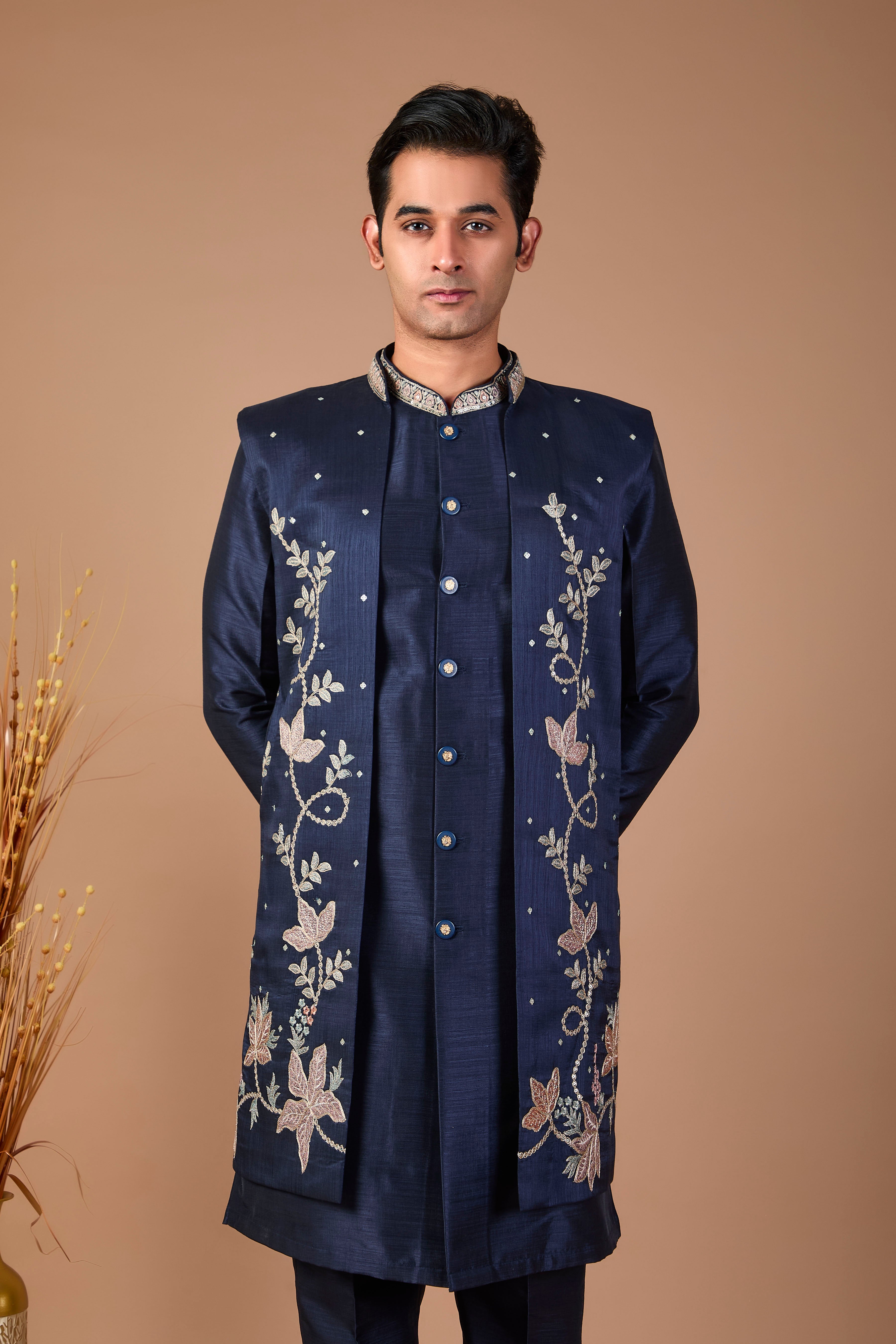 Modern Navy Raw Silk Men’s Indo-western for Reception and Engagement