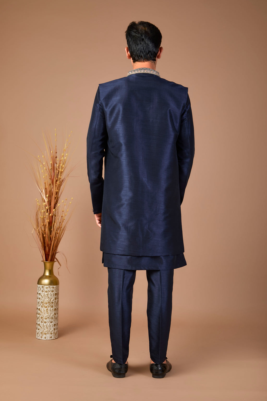 Modern Navy Raw Silk Men’s Indo-western for Reception and Engagement