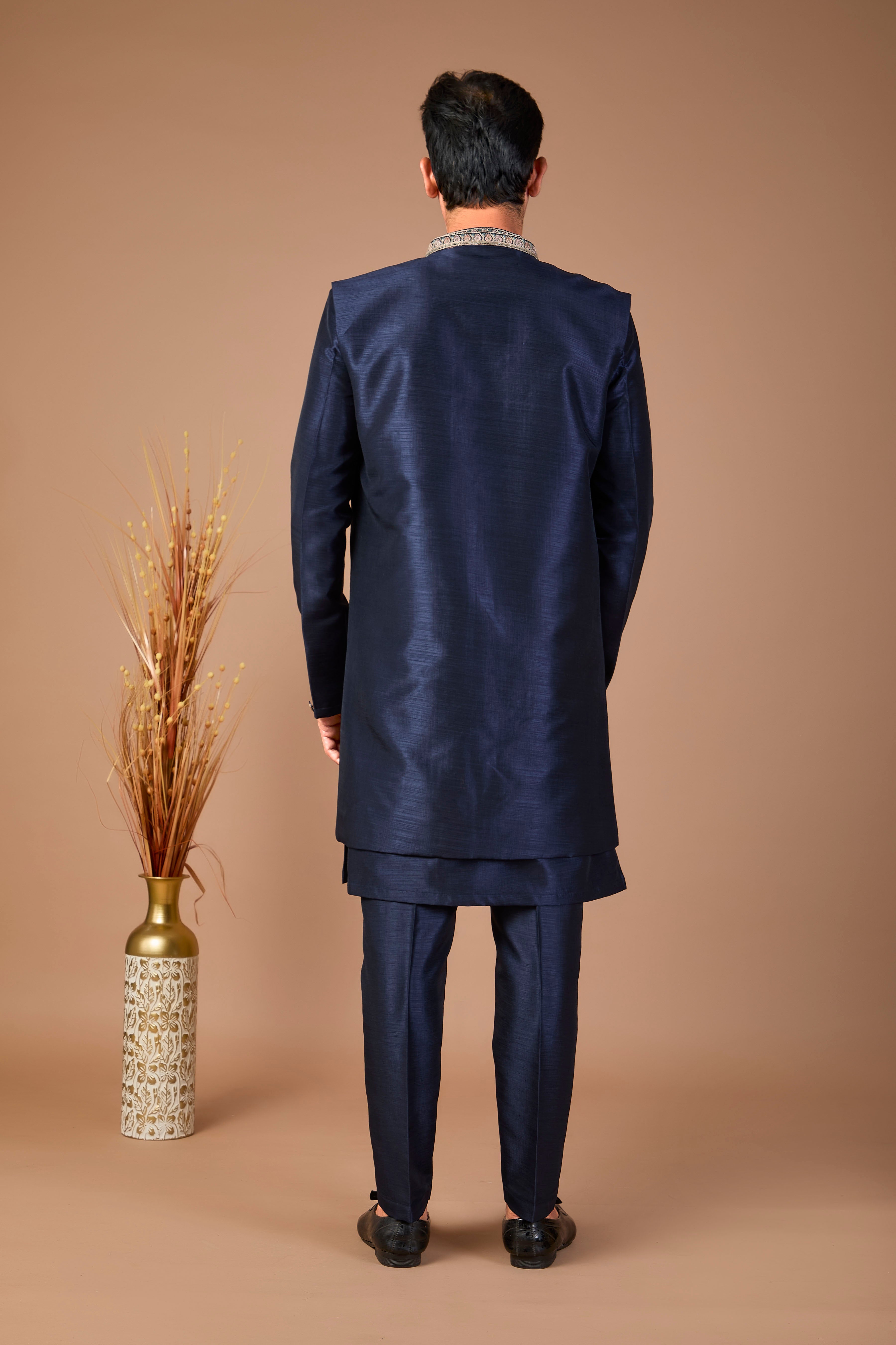 Modern Navy Raw Silk Men’s Indo-western for Reception and Engagement