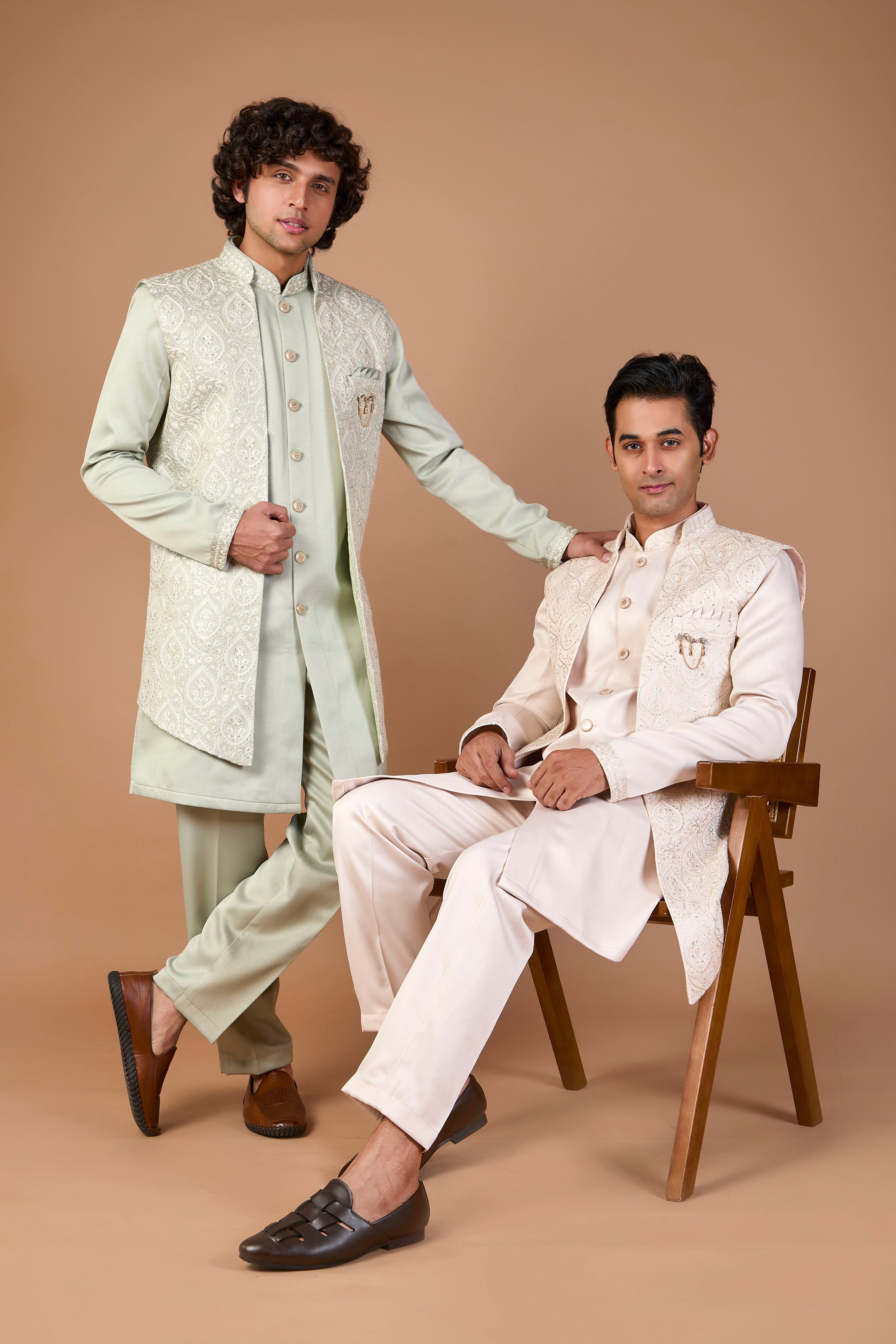 Men’s Stylish Light Green Indo-western in Silk for Wedding Look