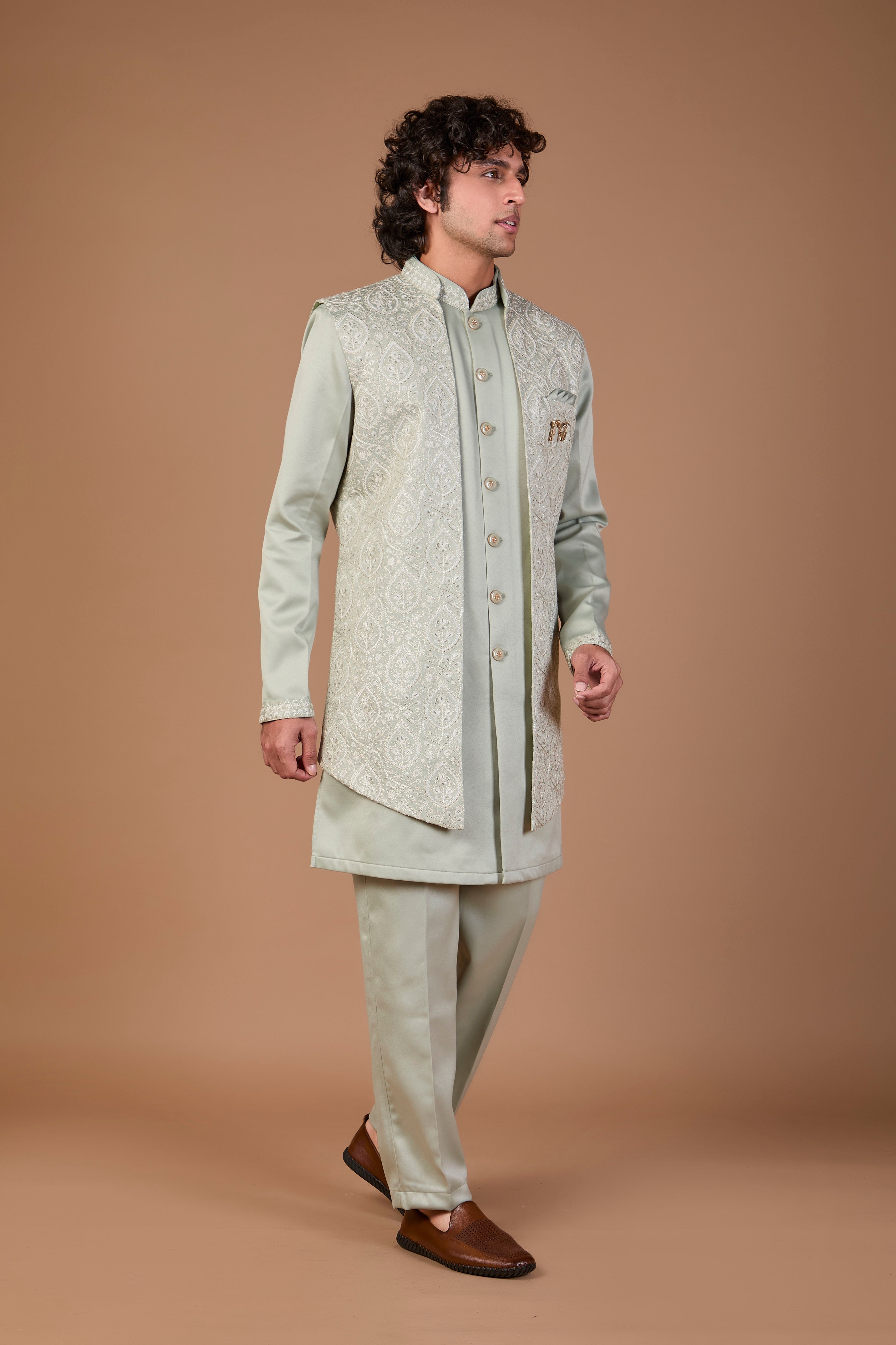 Men’s Stylish Light Green Indo-western in Silk for Wedding Look