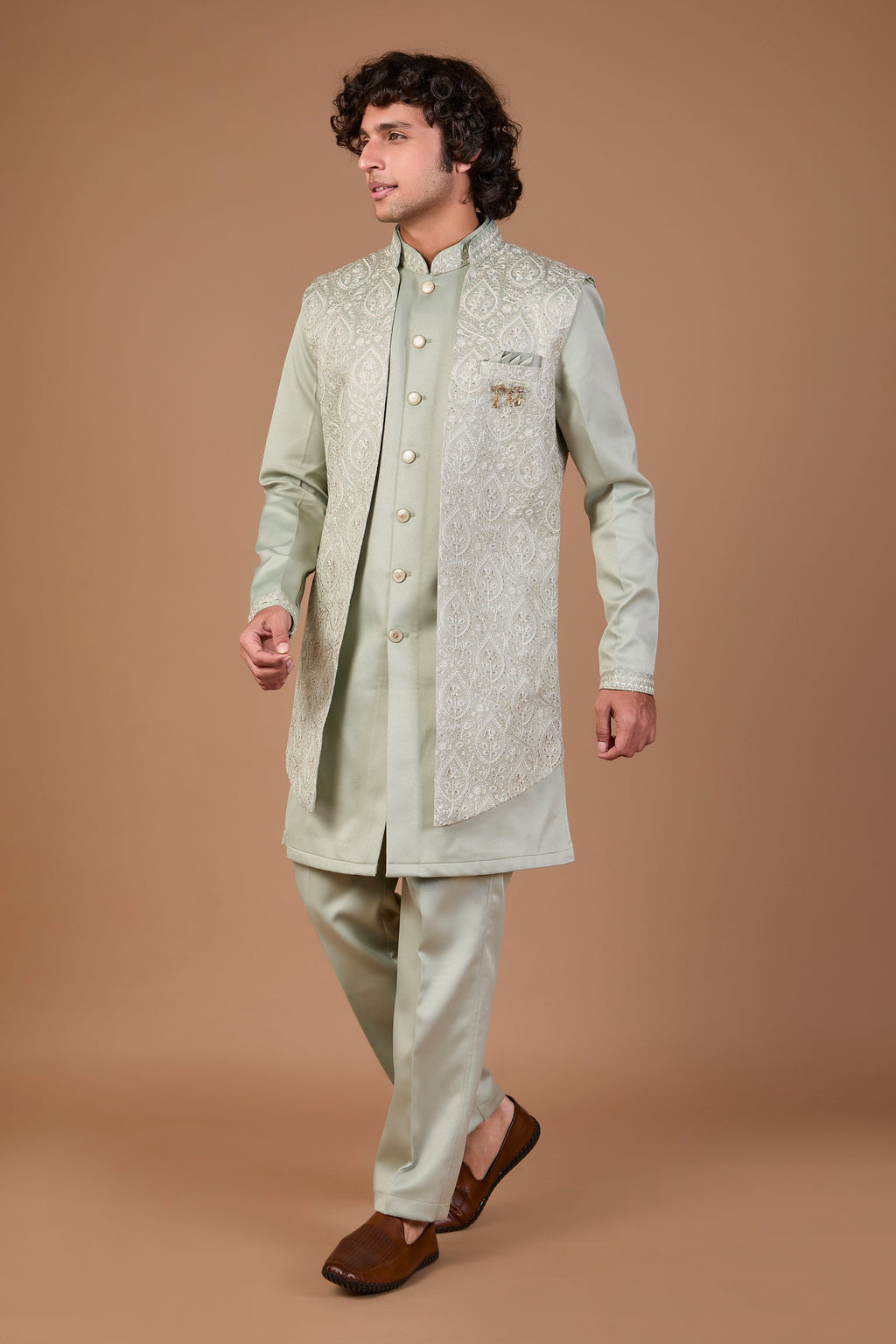 Men’s Stylish Light Green Indo-western in Silk for Wedding Look
