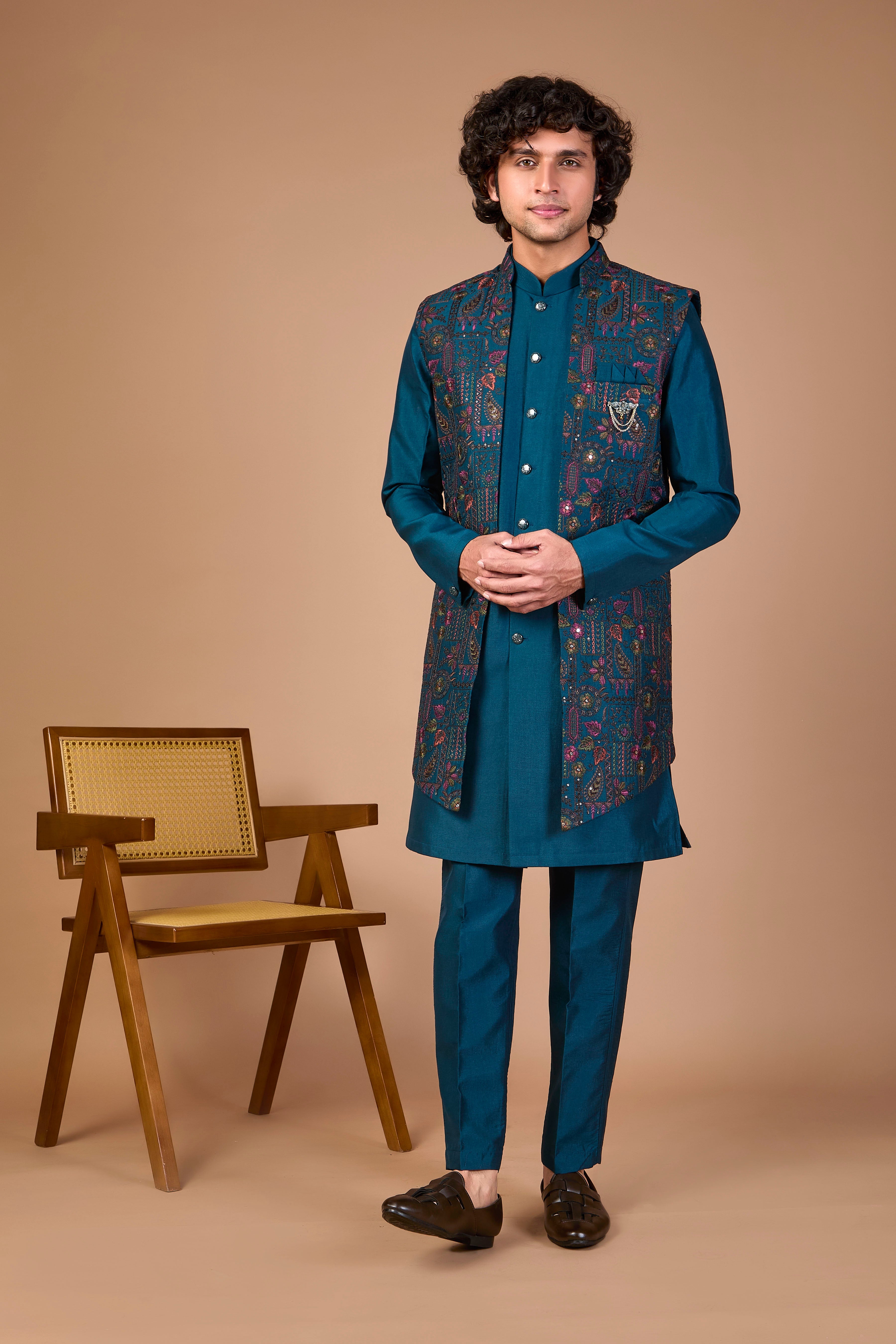 Men’s Teal Blue Indo-western Designed in Silk for Festive Events