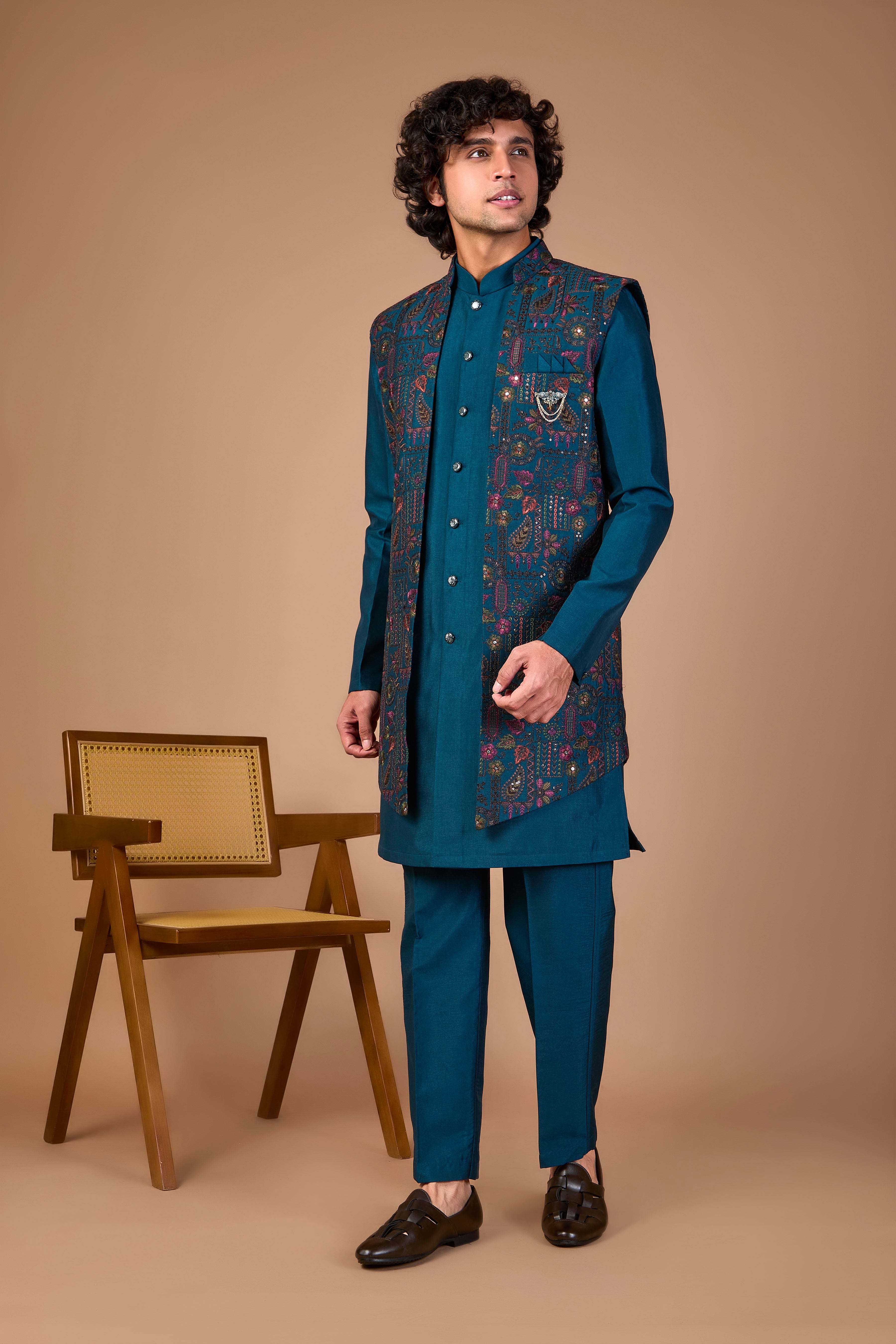 Men’s Teal Blue Indo-western Designed in Silk for Festive Events