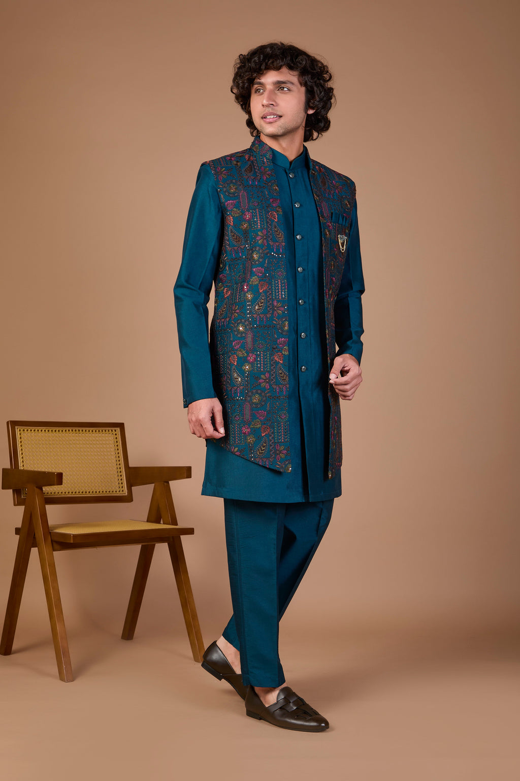 Men’s Teal Blue Indo-western Designed in Silk for Festive Events