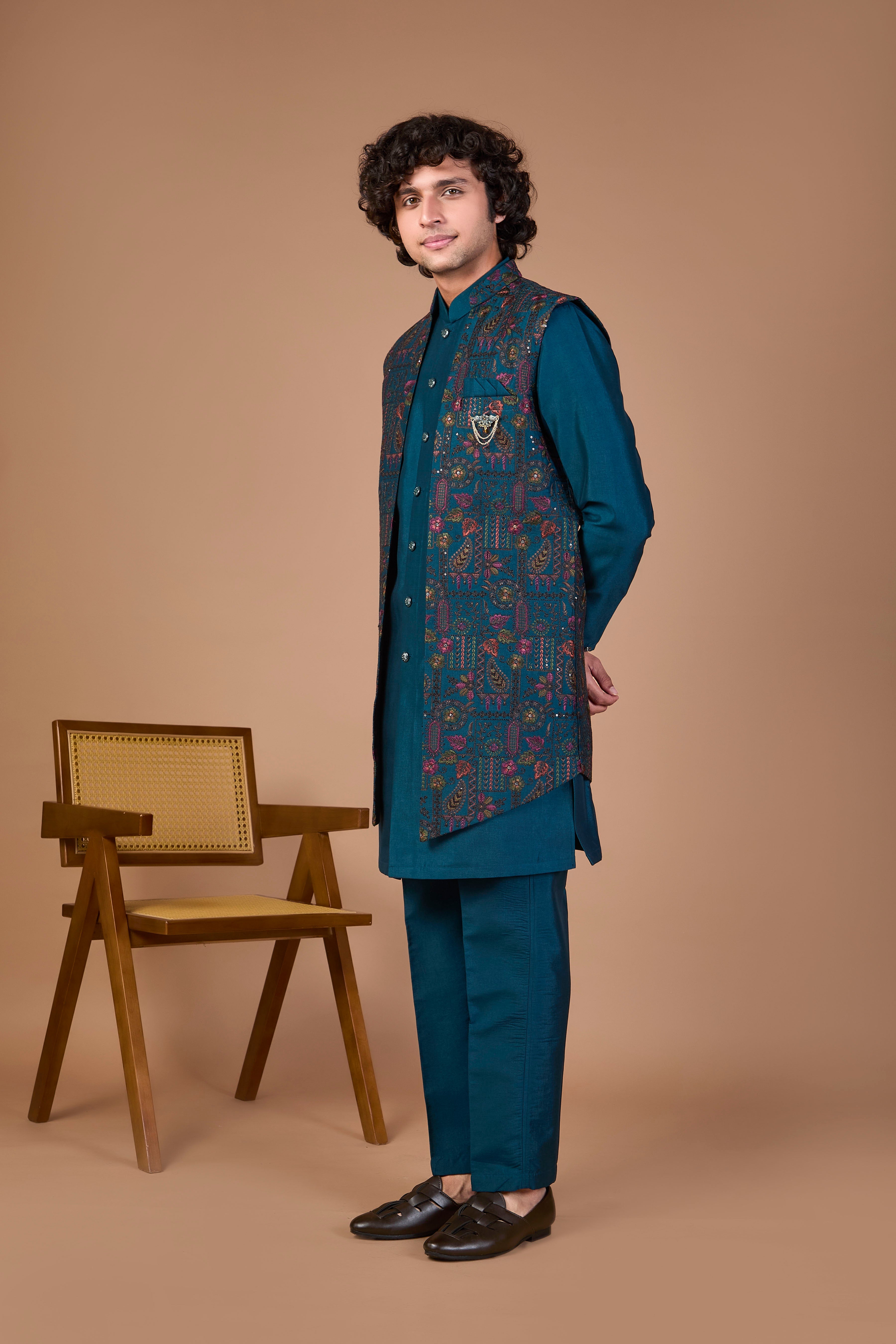Men’s Teal Blue Indo-western Designed in Silk for Festive Events