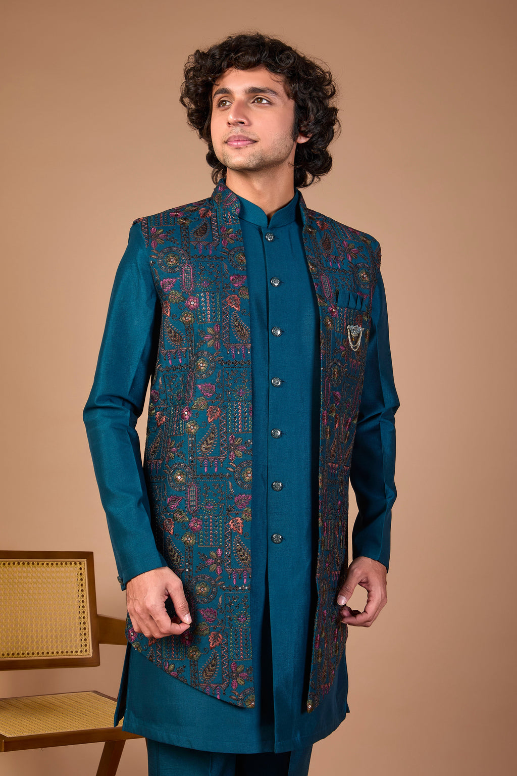 Men’s Teal Blue Indo-western Designed in Silk for Festive Events