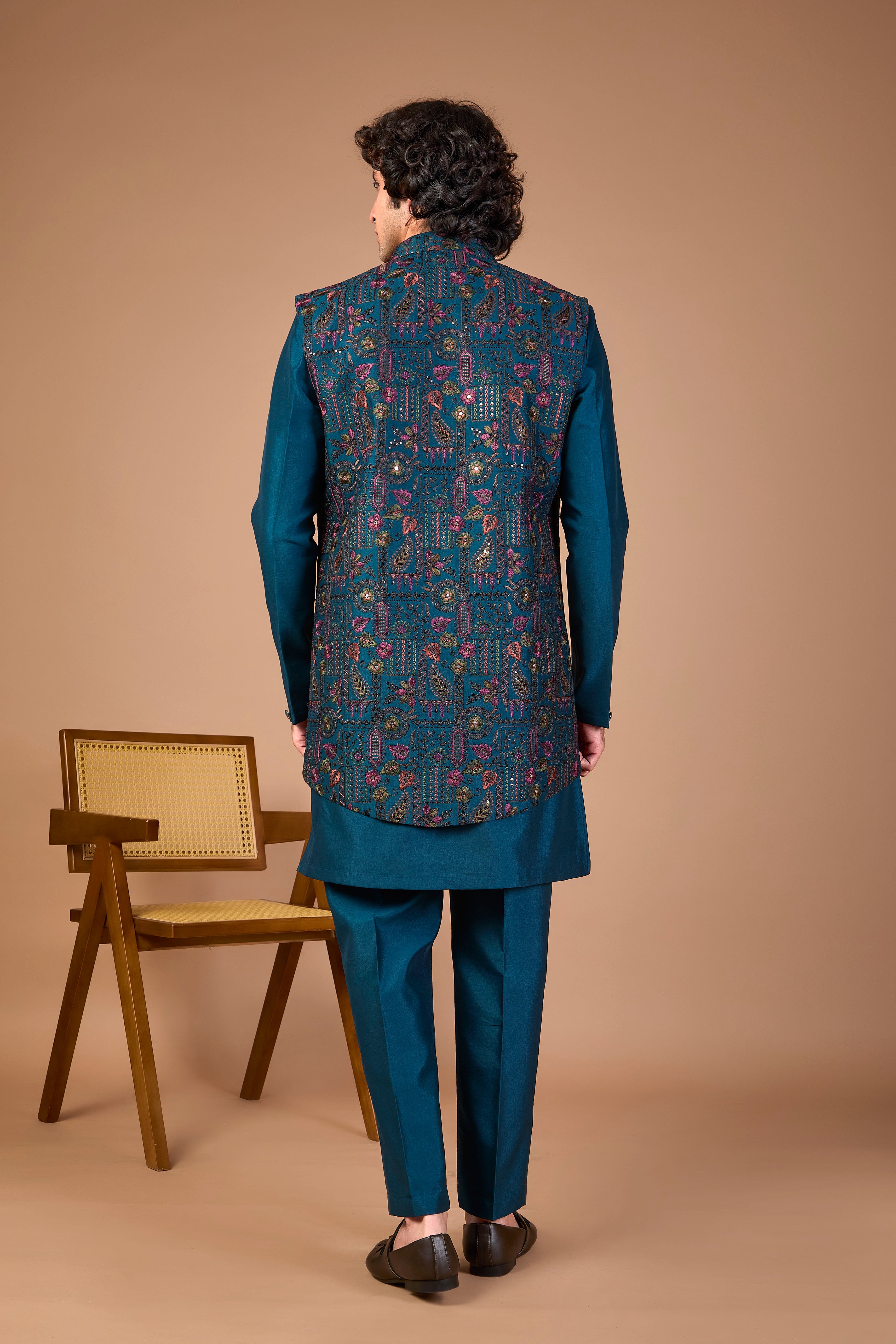 Men’s Teal Blue Indo-western Designed in Silk for Festive Events