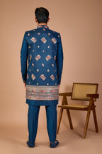 Raw Silk Men's Indo-western Peacock Blue with Modern Styling