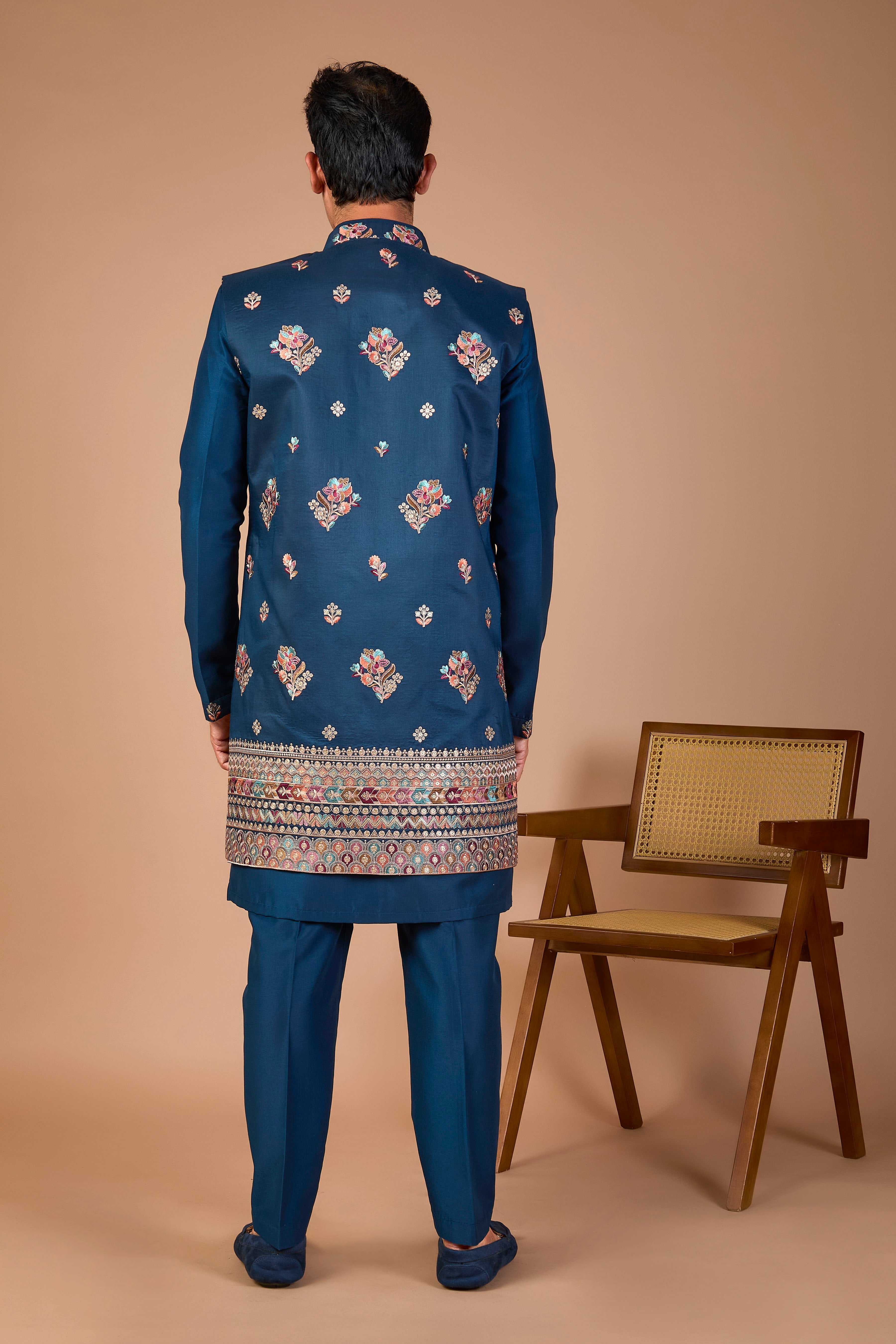 Raw Silk Men's Indo-western Peacock Blue with Modern Styling