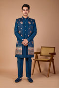 Raw Silk Men's Indo-western Peacock Blue with Modern Styling