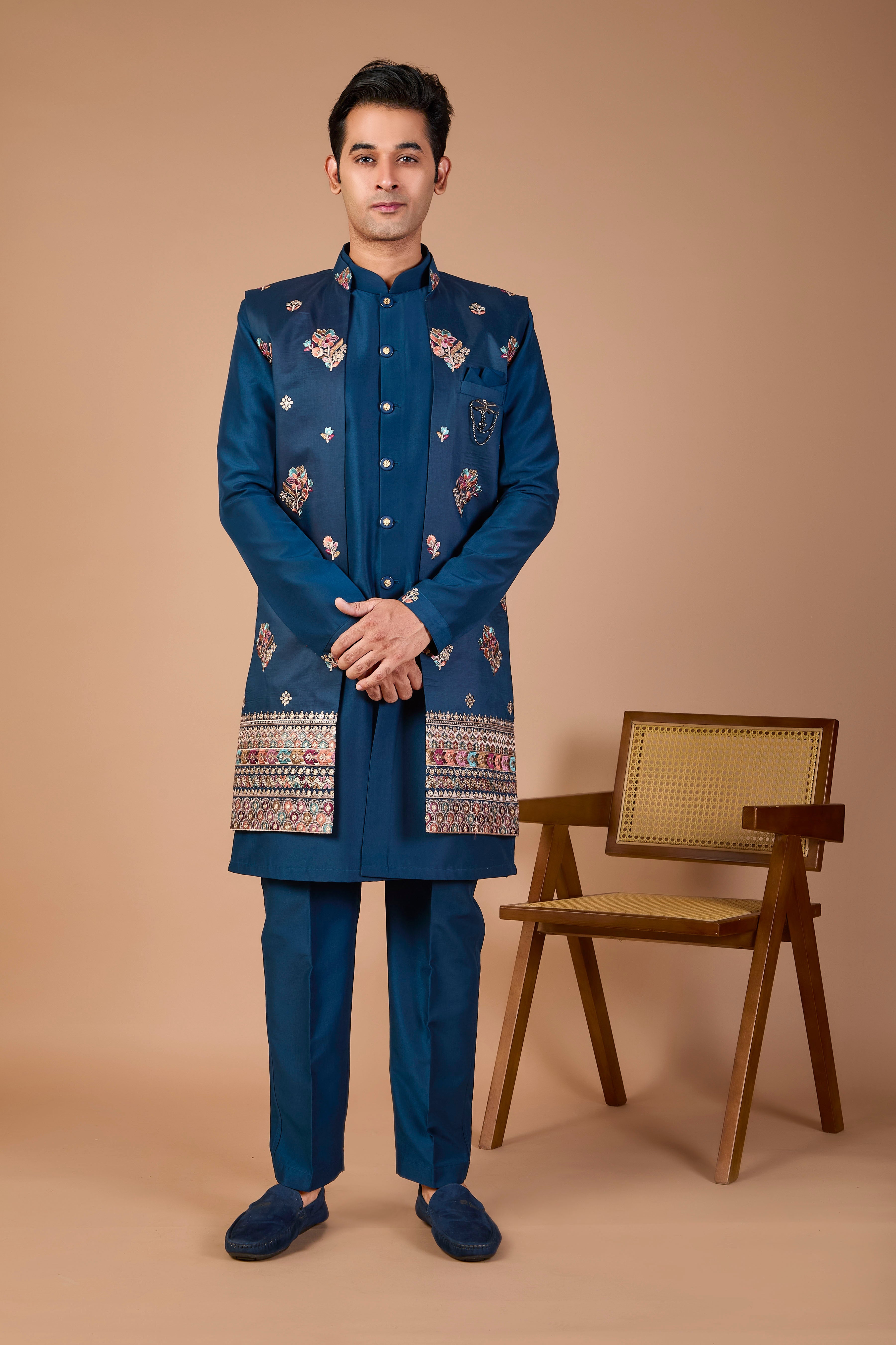 Raw Silk Men's Indo-western Peacock Blue with Modern Styling