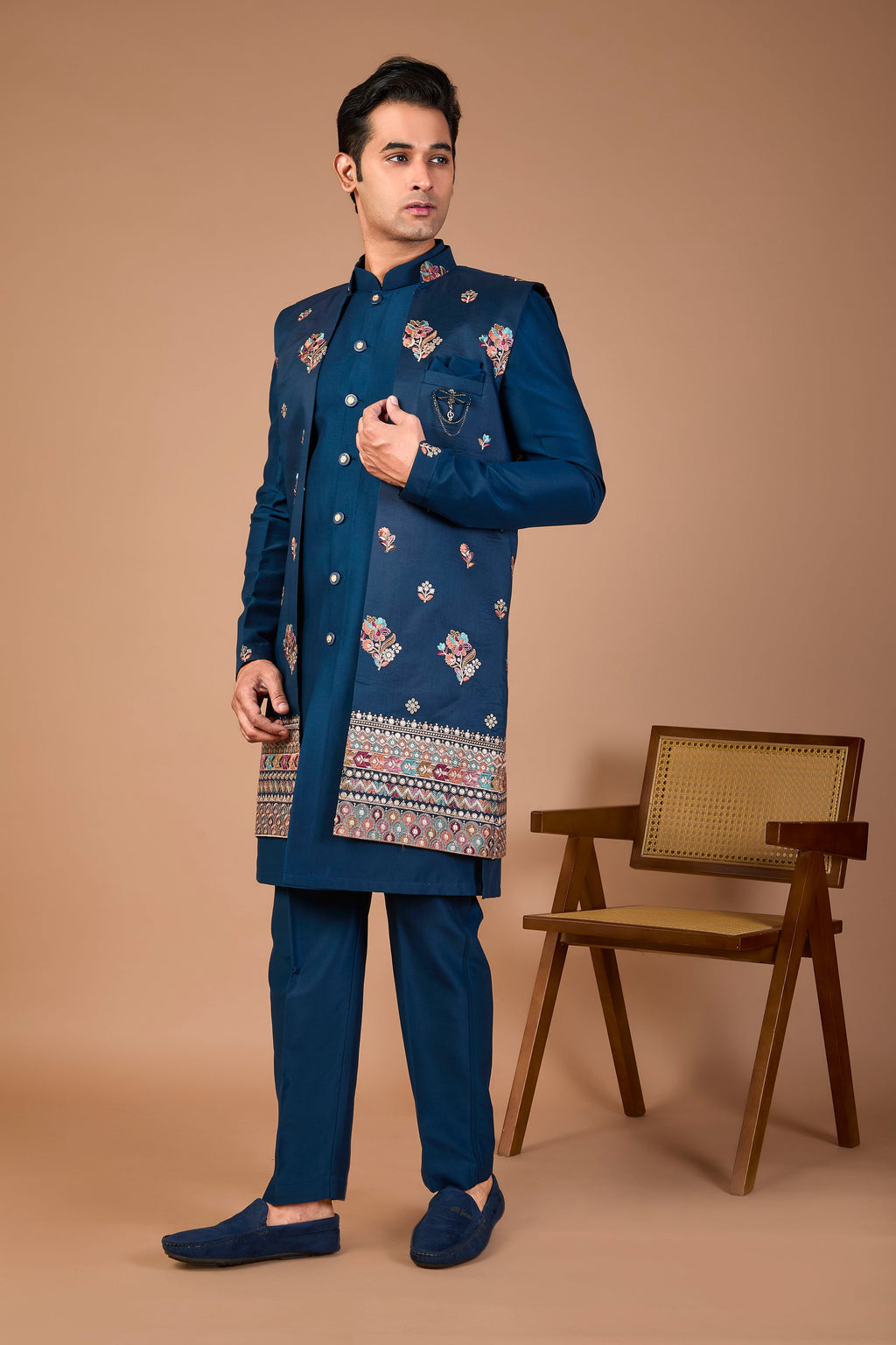 Raw Silk Men's Indo-western Peacock Blue with Modern Styling