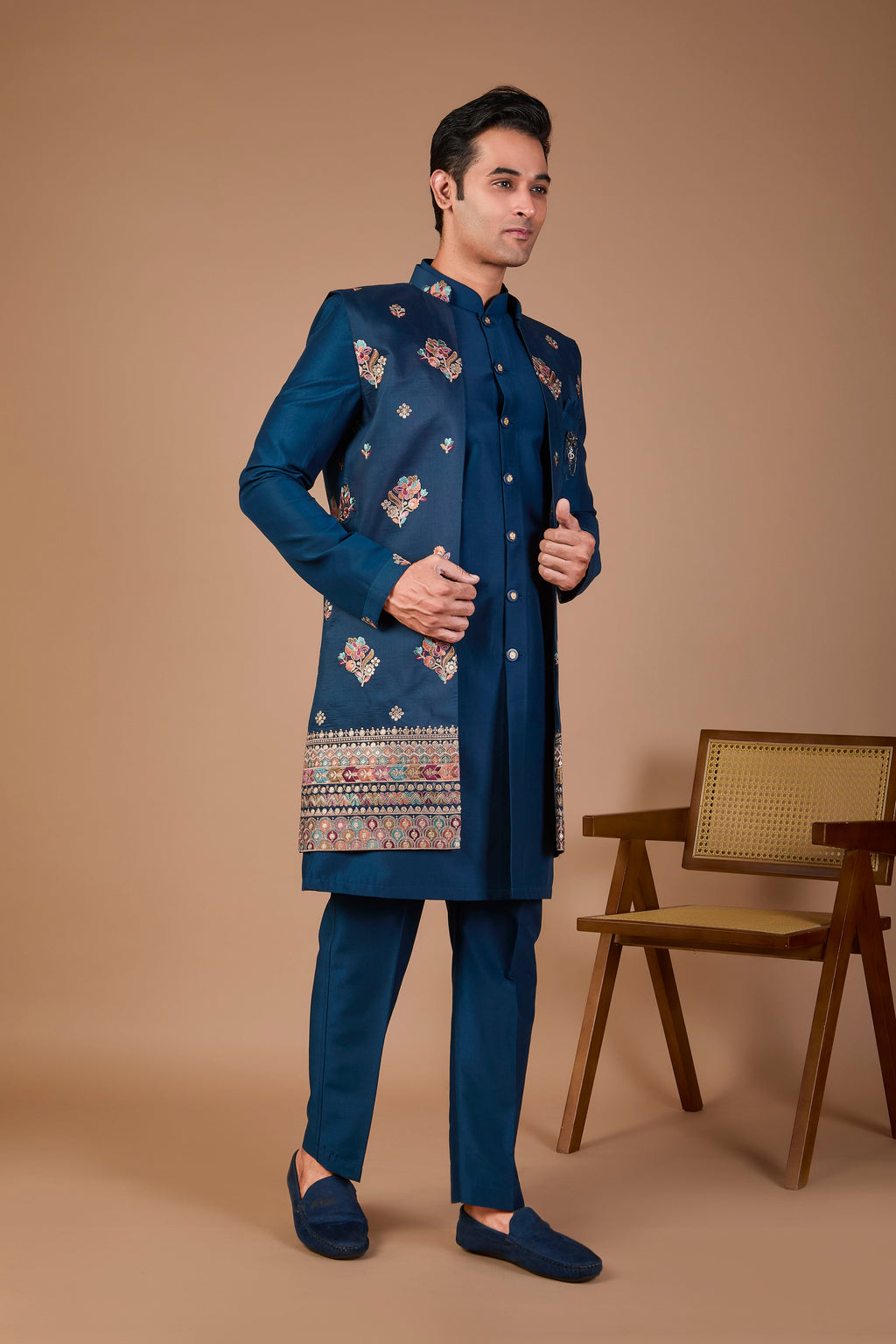 Raw Silk Men's Indo-western Peacock Blue with Modern Styling