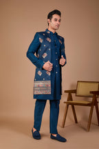 Raw Silk Men's Indo-western Peacock Blue with Modern Styling