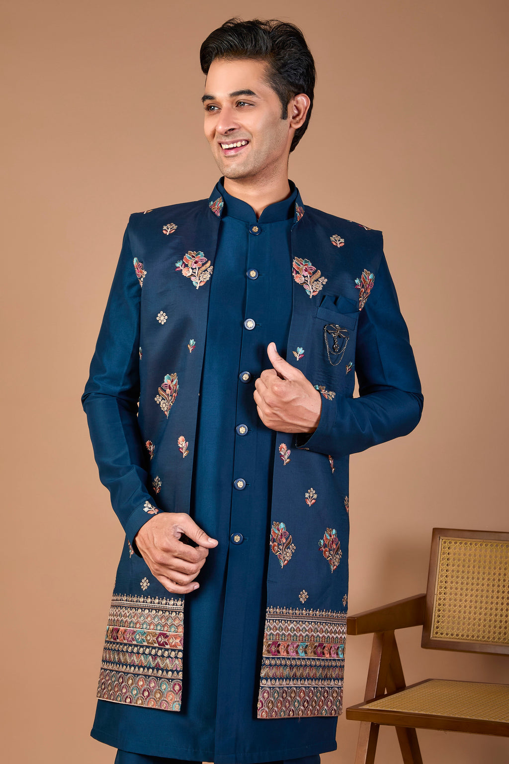 Raw Silk Men's Indo-western Peacock Blue with Modern Styling