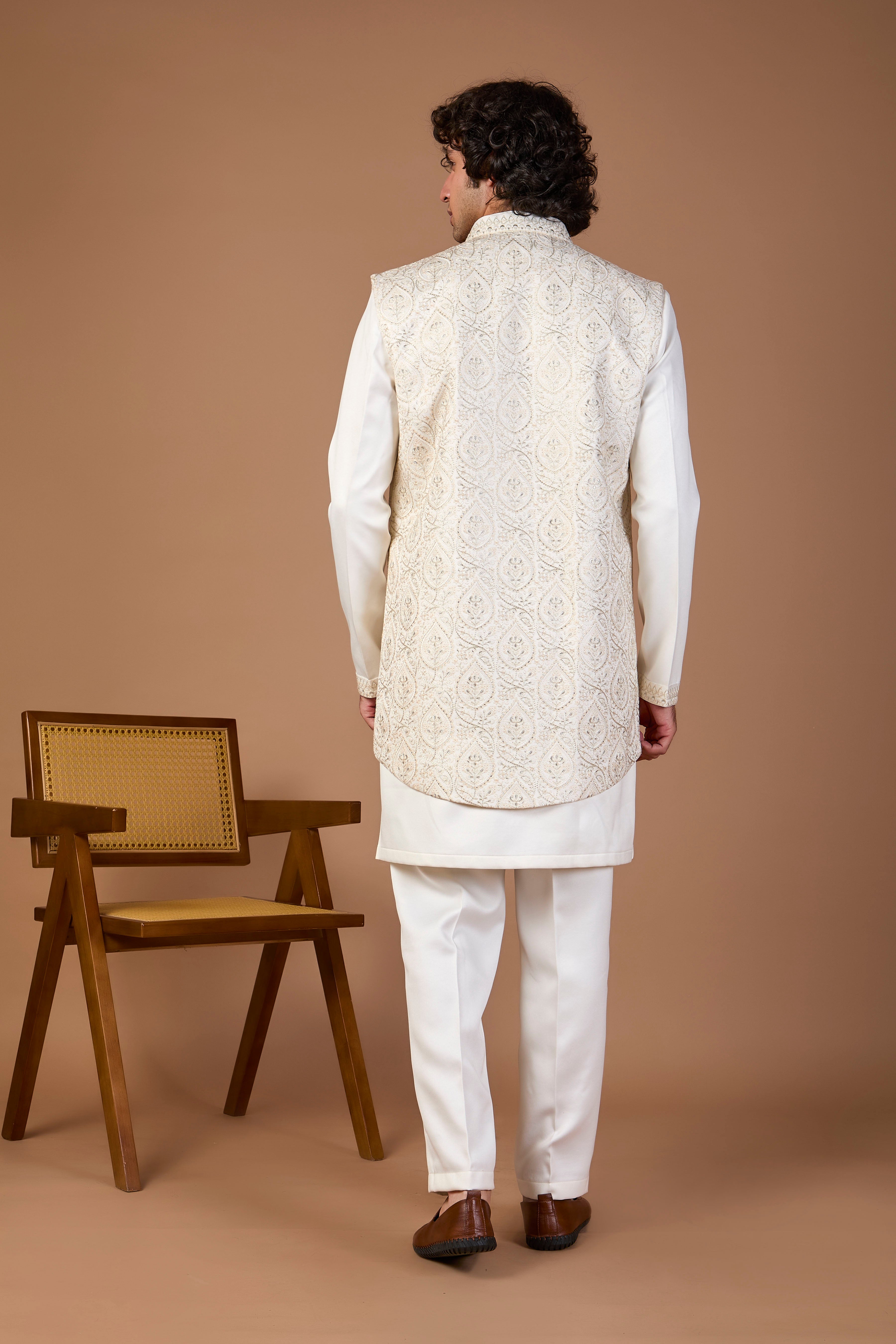 Cream Premium Raw Silk Men’s Indo-western for Traditional Wear