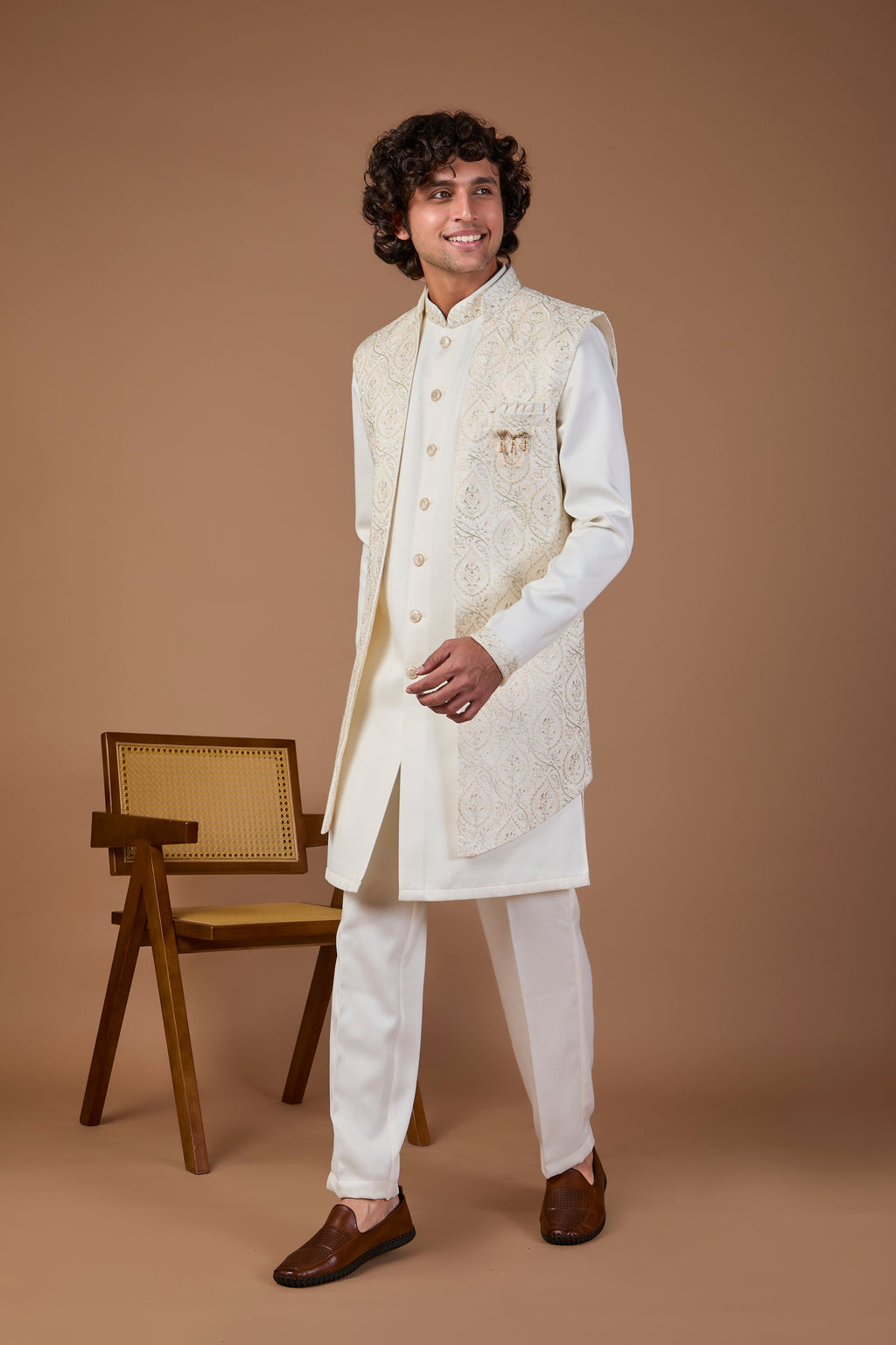 Cream Premium Raw Silk Men’s Indo-western for Traditional Wear