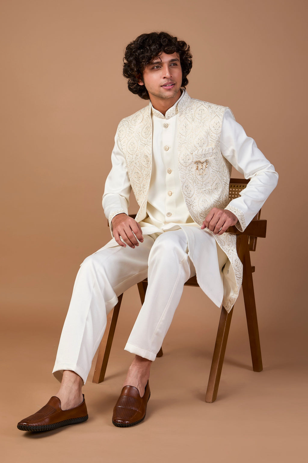 Cream Premium Raw Silk Men’s Indo-western for Traditional Wear