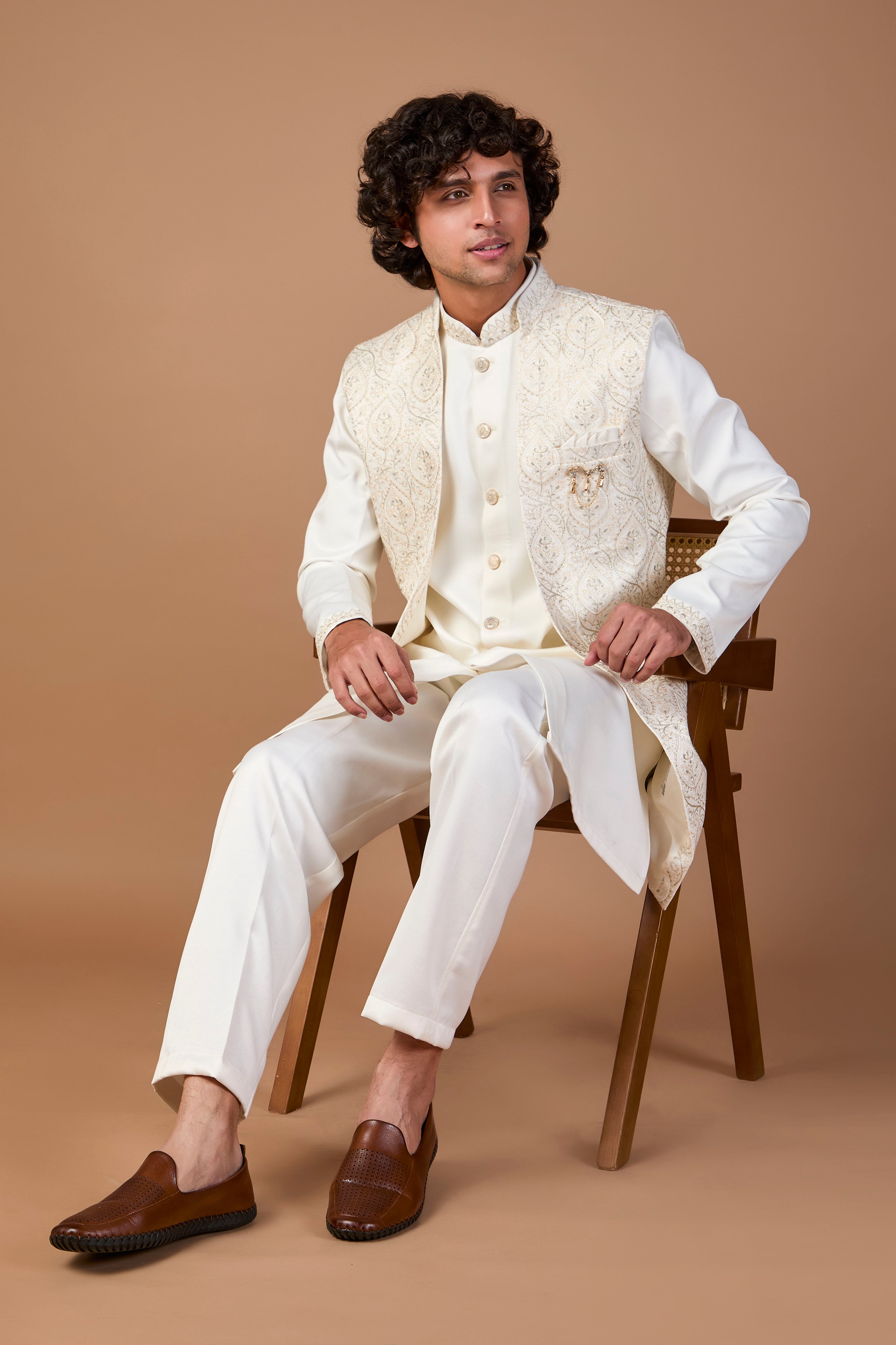 Cream Premium Raw Silk Men’s Indo-western for Traditional Wear