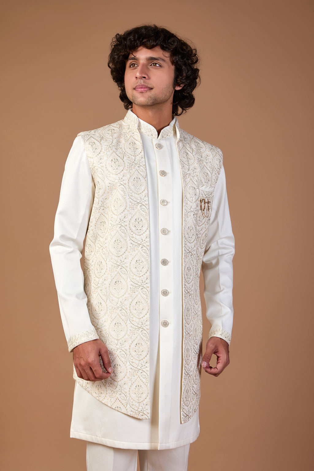 Cream Premium Raw Silk Men’s Indo-western for Traditional Wear