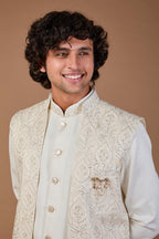 Cream Premium Raw Silk Men’s Indo-western for Traditional Wear