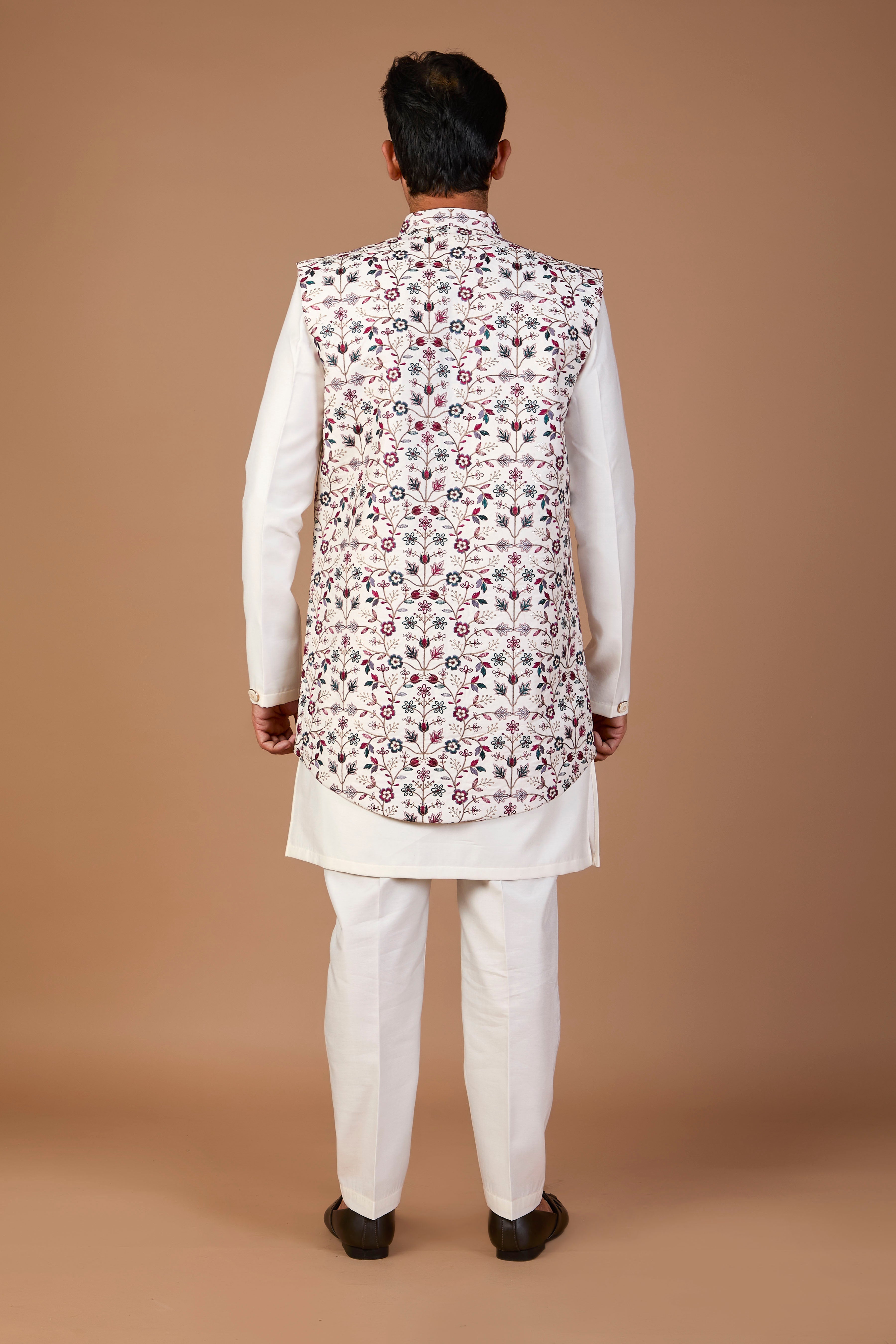 Men’s Off-white Indo-western with Embroidered Work in Raw Silk